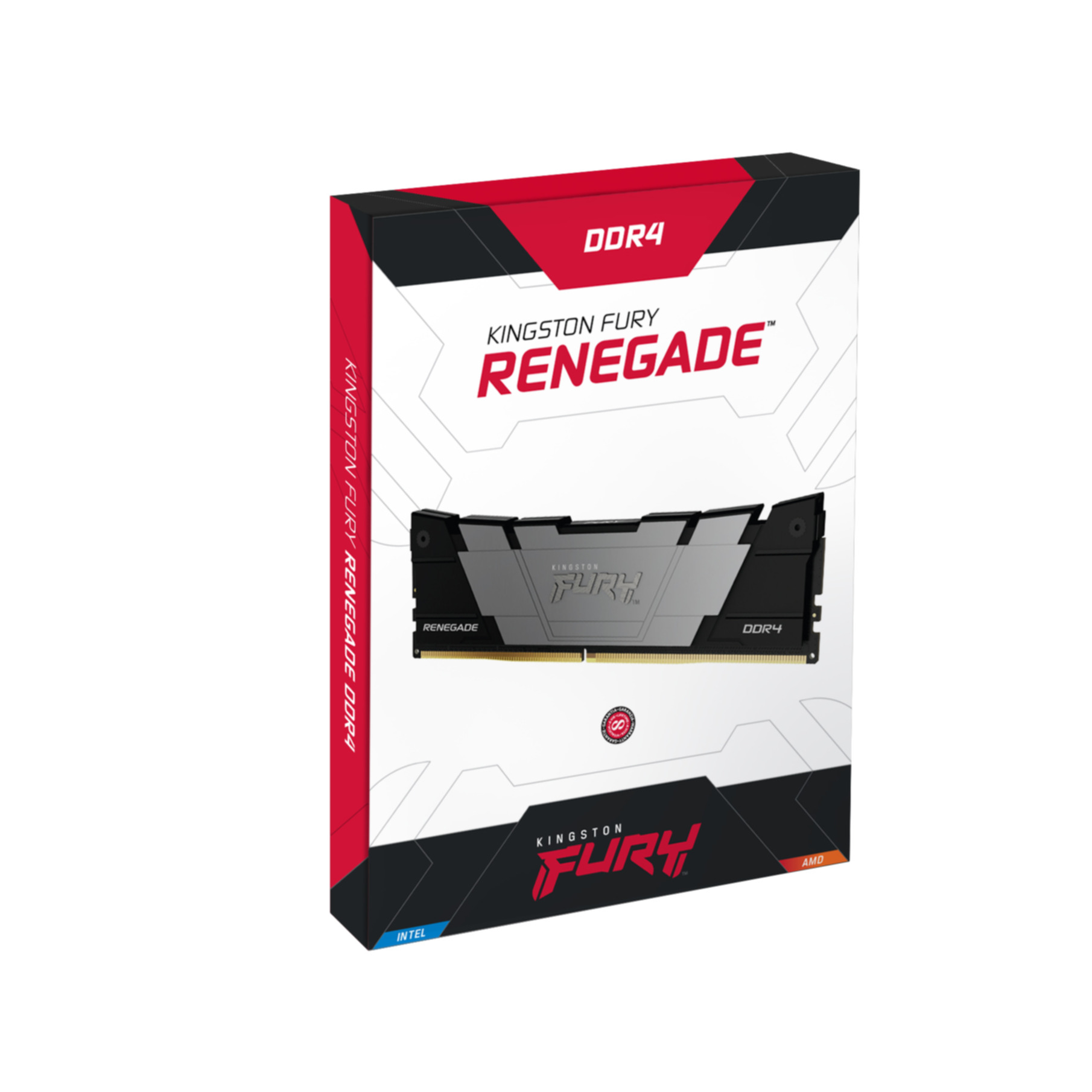 Czerwono-czarne pudełko pamięci RAM DDR4 Kingston Fury Renegade. Z nazwą marki i etykietami Intel/AMD.