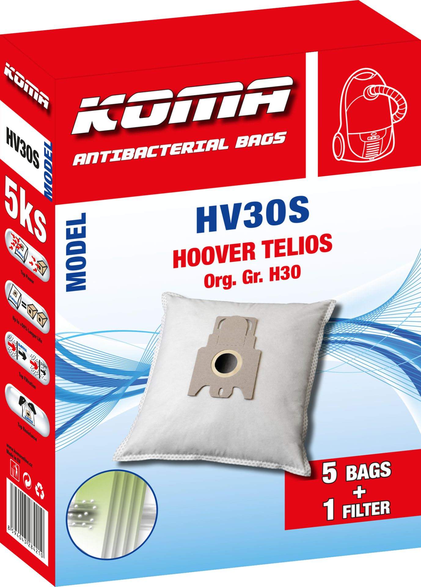Eine rot-weiße Staubsaugerbeutelverpackung mit dem Markennamen KOMA und dem Modell HV30S, sowie 5 Beuteln + 1 Filter.