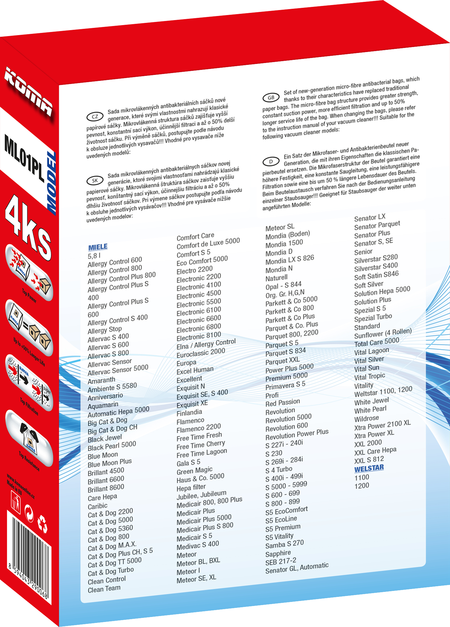 Koma ML01PL 4ks Staubsaugerbeutel, mit Text und Produktinformationen.