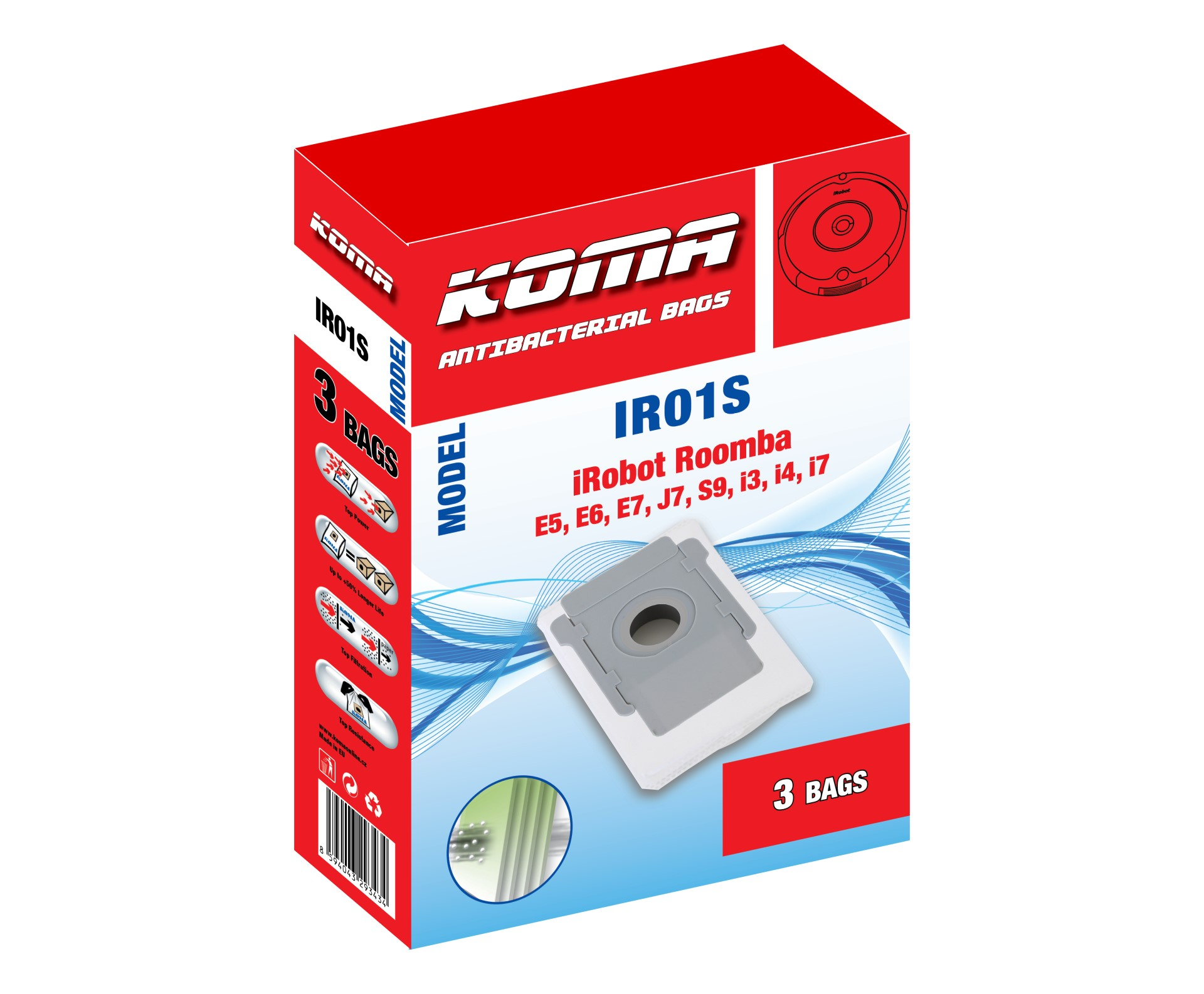 Eine Box mit dem Text KOMA und IR01S. Enthält 3 antibakterielle Beutel für iRobot Roomba E5, E6, E7, S9, I3, I4, I7.