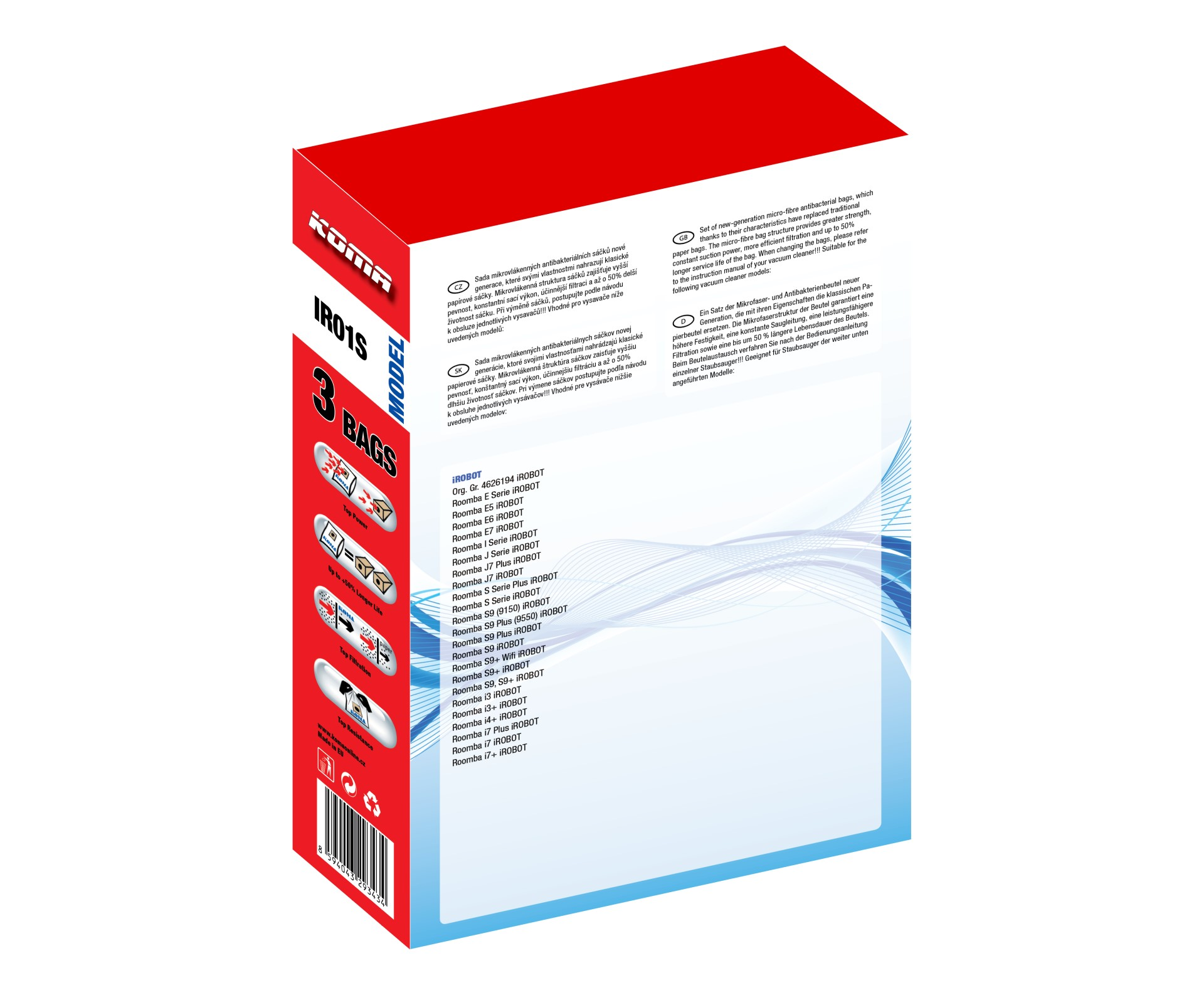 Eine rechteckige Box mit Text, Diagrammen und einer Produktliste. Rote und weiße Farben. Weißer Hintergrund.