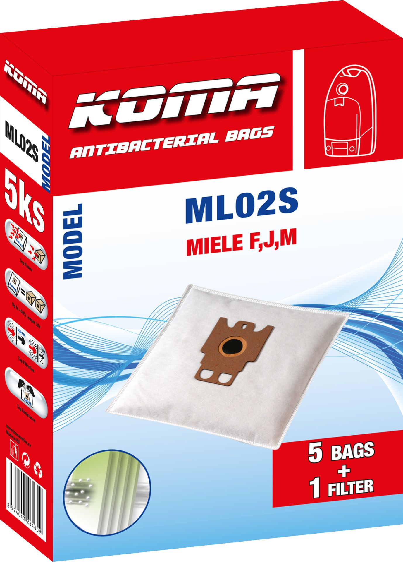 Eine Schachtel mit antibakteriellen Staubsaugerbeuteln von KOMA. Die Box zeigt den Beutel und den Markennamen.
