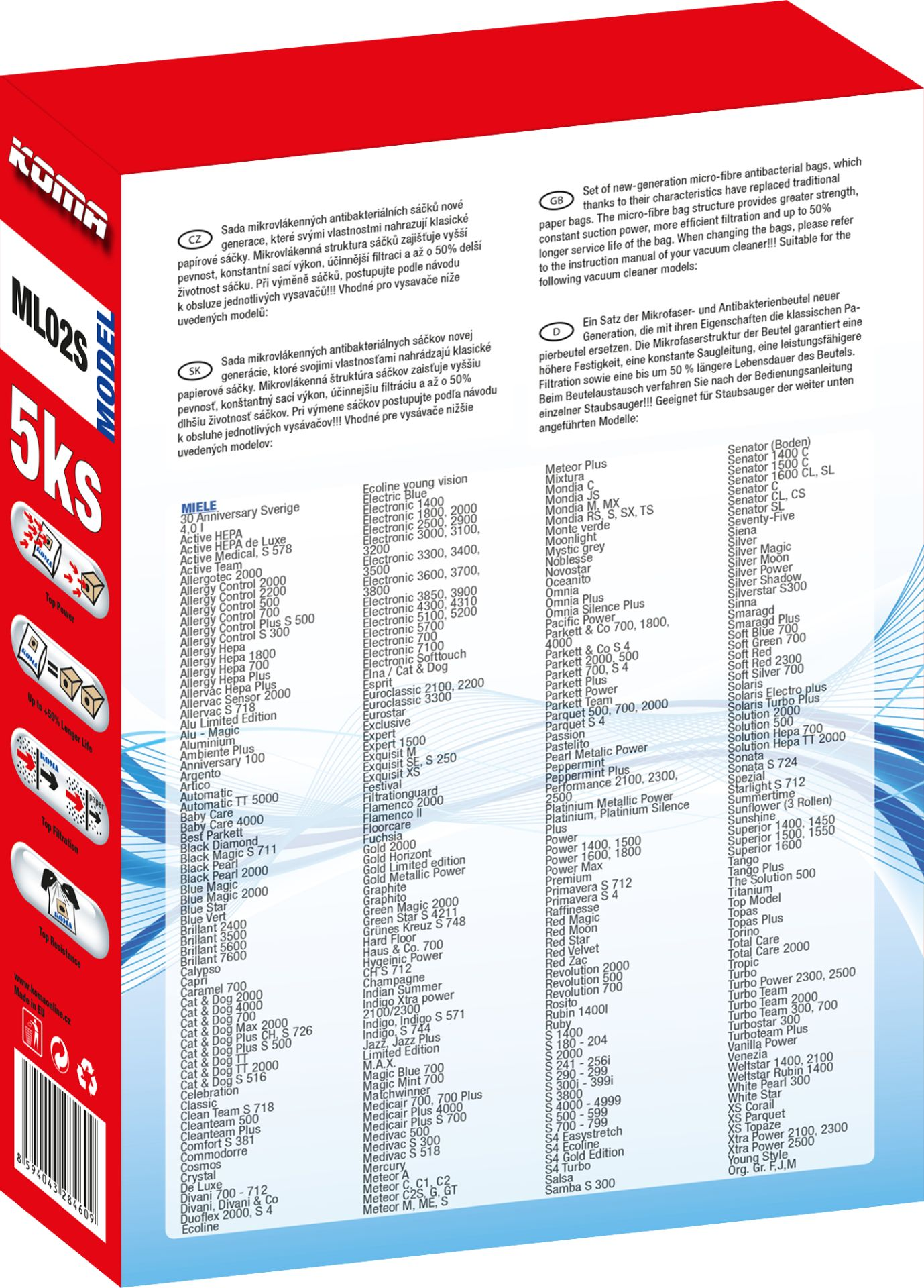 Eine Box mit Text und Bildern. Sie zeigt eine Liste von Staubsaugerbeuteln.