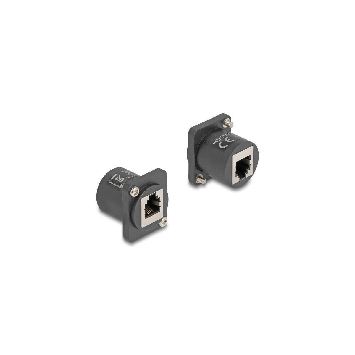 Zwei schwarze Ethernet-Anschlüsse mit quadratischer Form auf weißem Hintergrund.