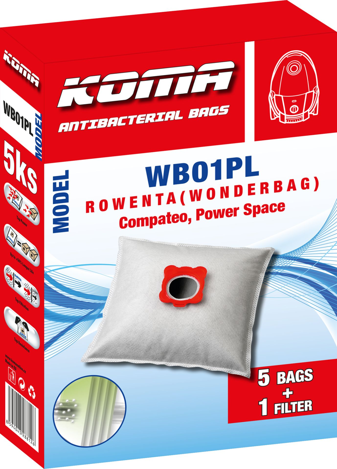 KOMA Staubsaugerbeutel-Packung. Weißer Beutel mit roter Öffnung. Text: WB01PL ROWENTA. Rote und weiße Box.