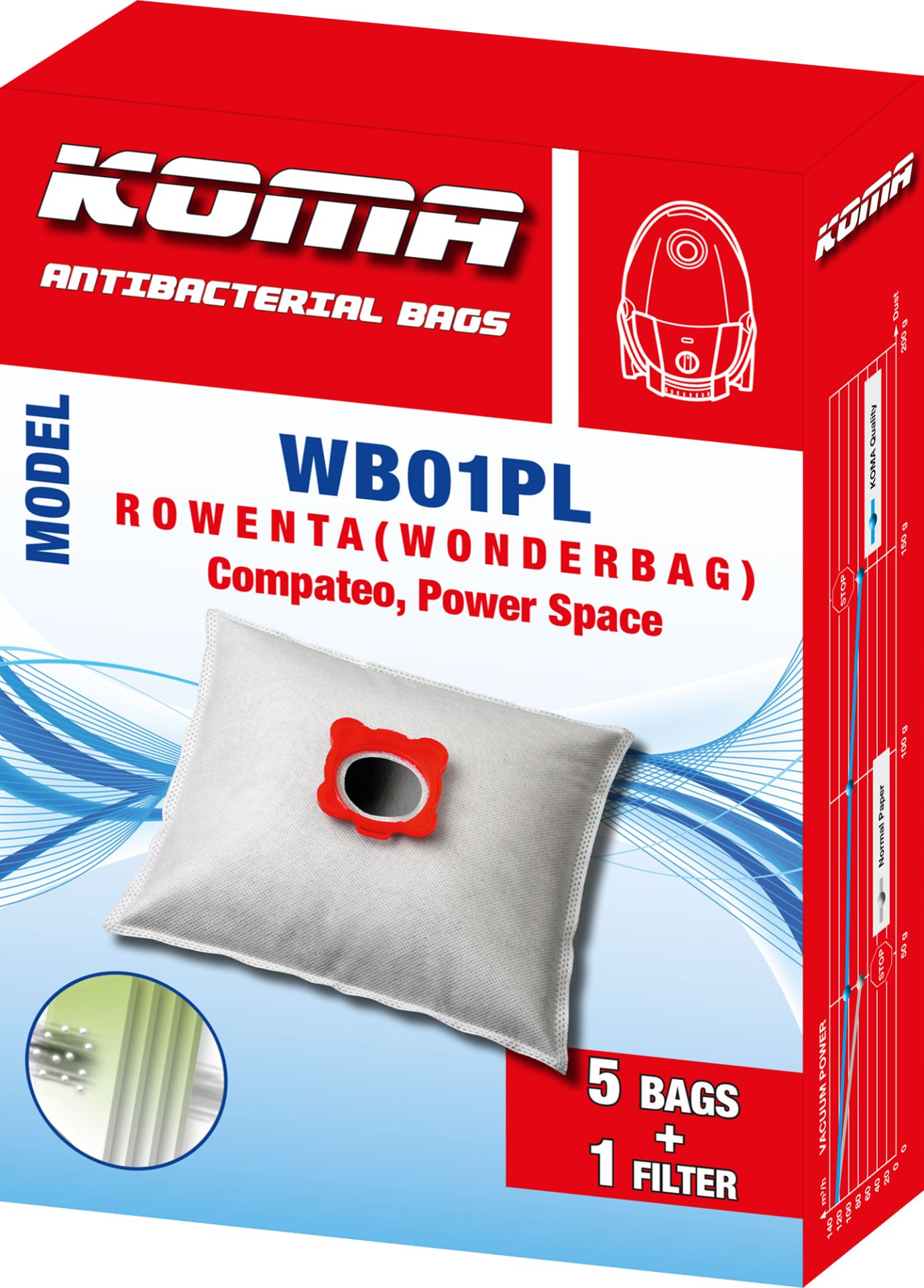 Rote und weiße Schachtel mit antibakteriellen Koma-Staubsaugerbeuteln. Modell WB01PL.