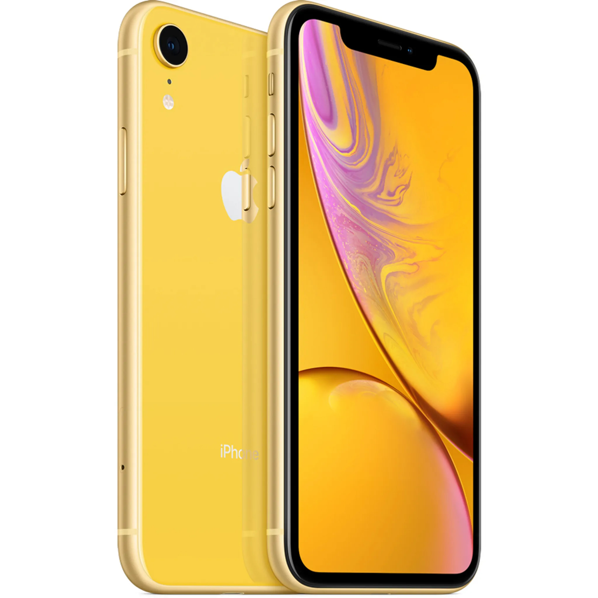 Pokazano dwa żółte telefony iPhone XR, jeden z boku i jeden skierowany do widza.
