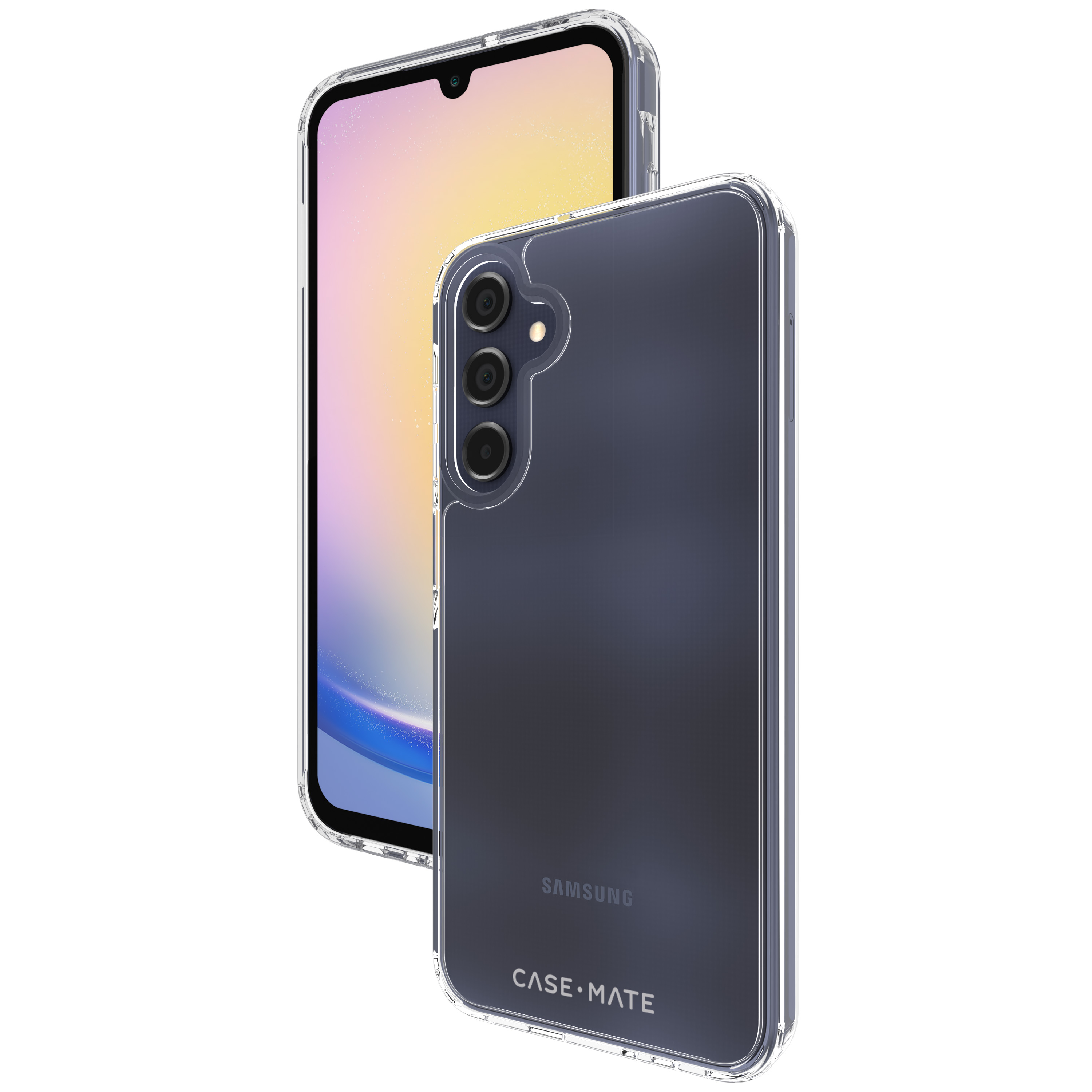 Smartphone con custodia trasparente. Il telefono è scuro. Il telefono è di lato. Marchio Case-Mate visibile.