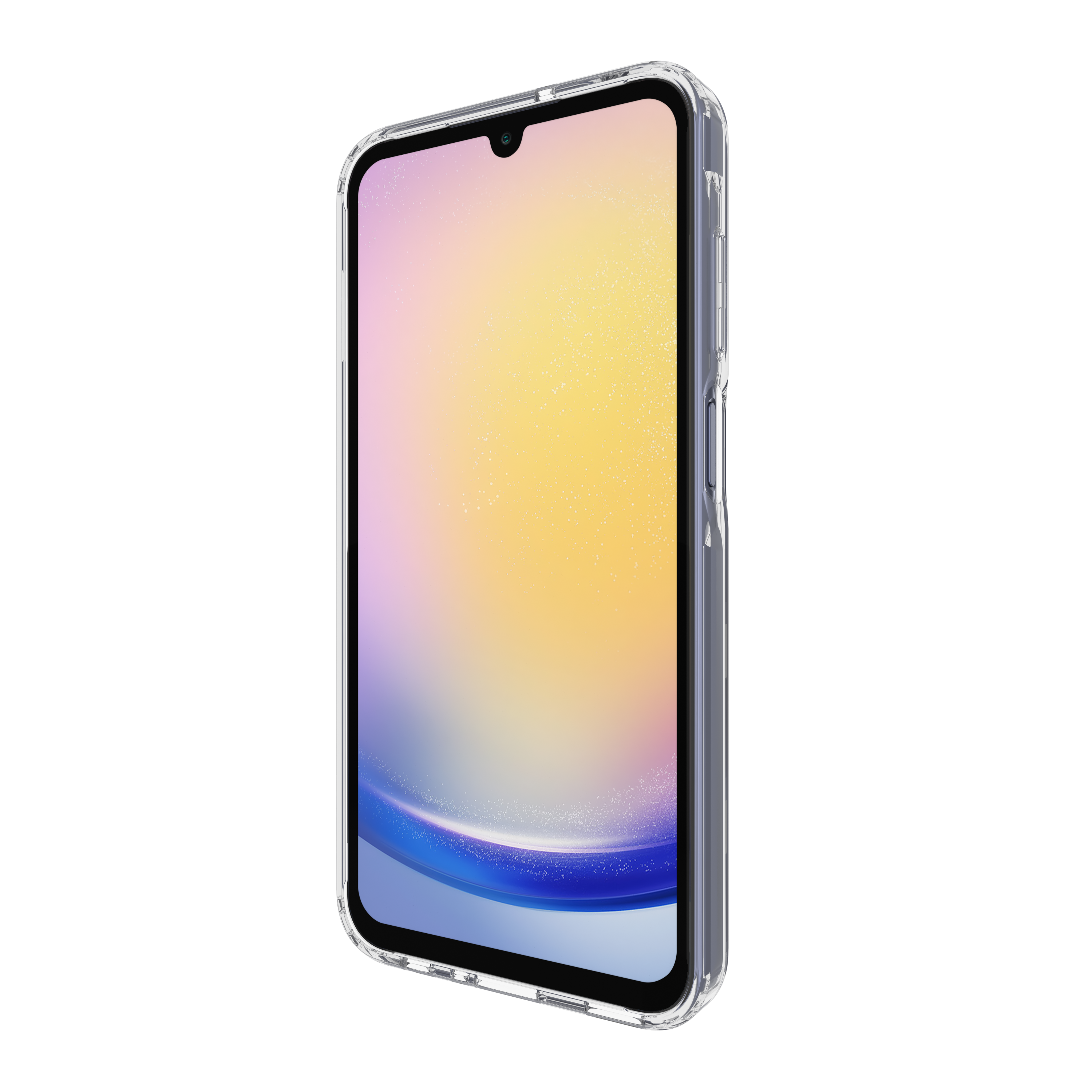 Uno smartphone in una custodia trasparente. Lo schermo mostra una sfumatura di colore, blu e giallo.