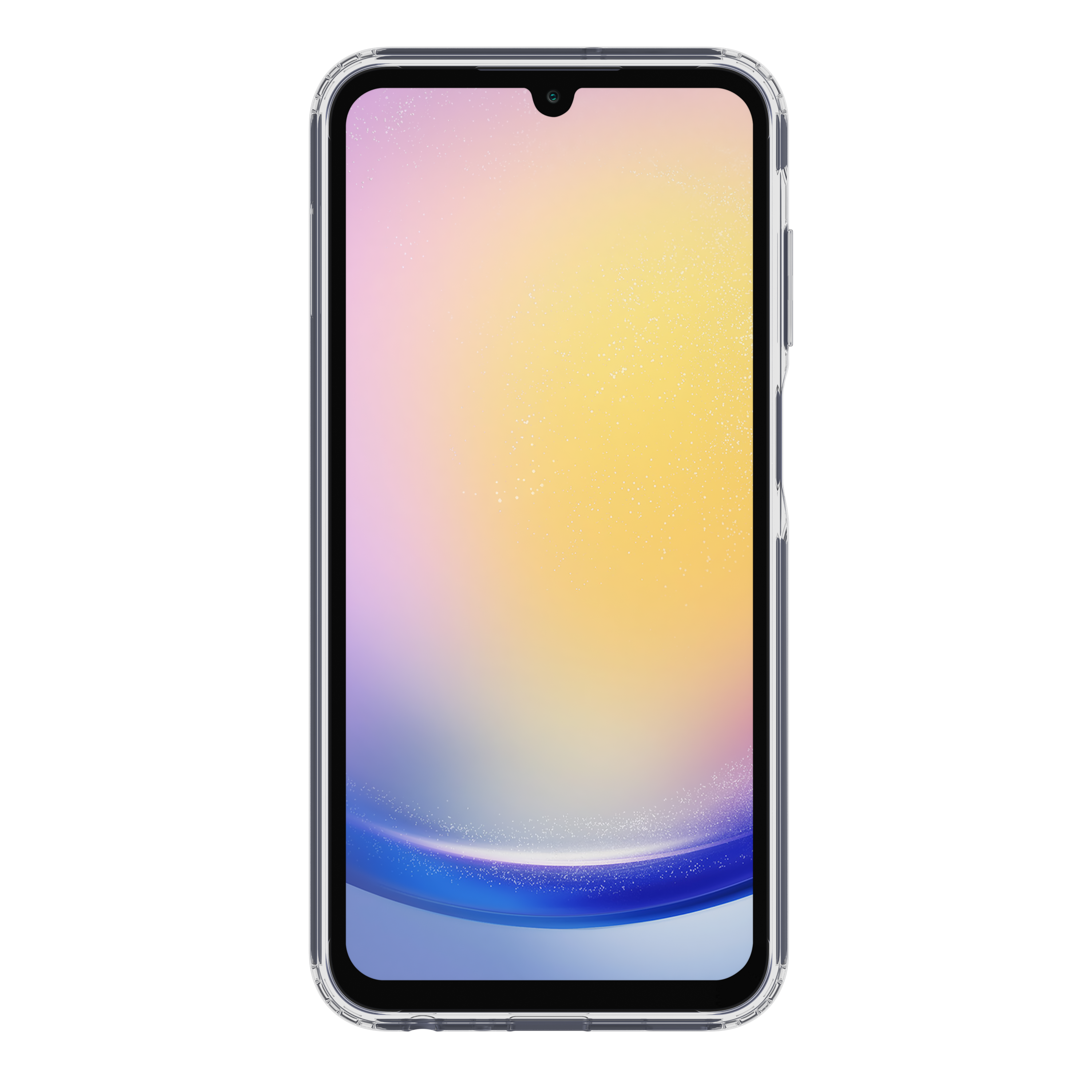 Smartphone in una custodia trasparente che mostra uno sfondo colorato e sfumato.