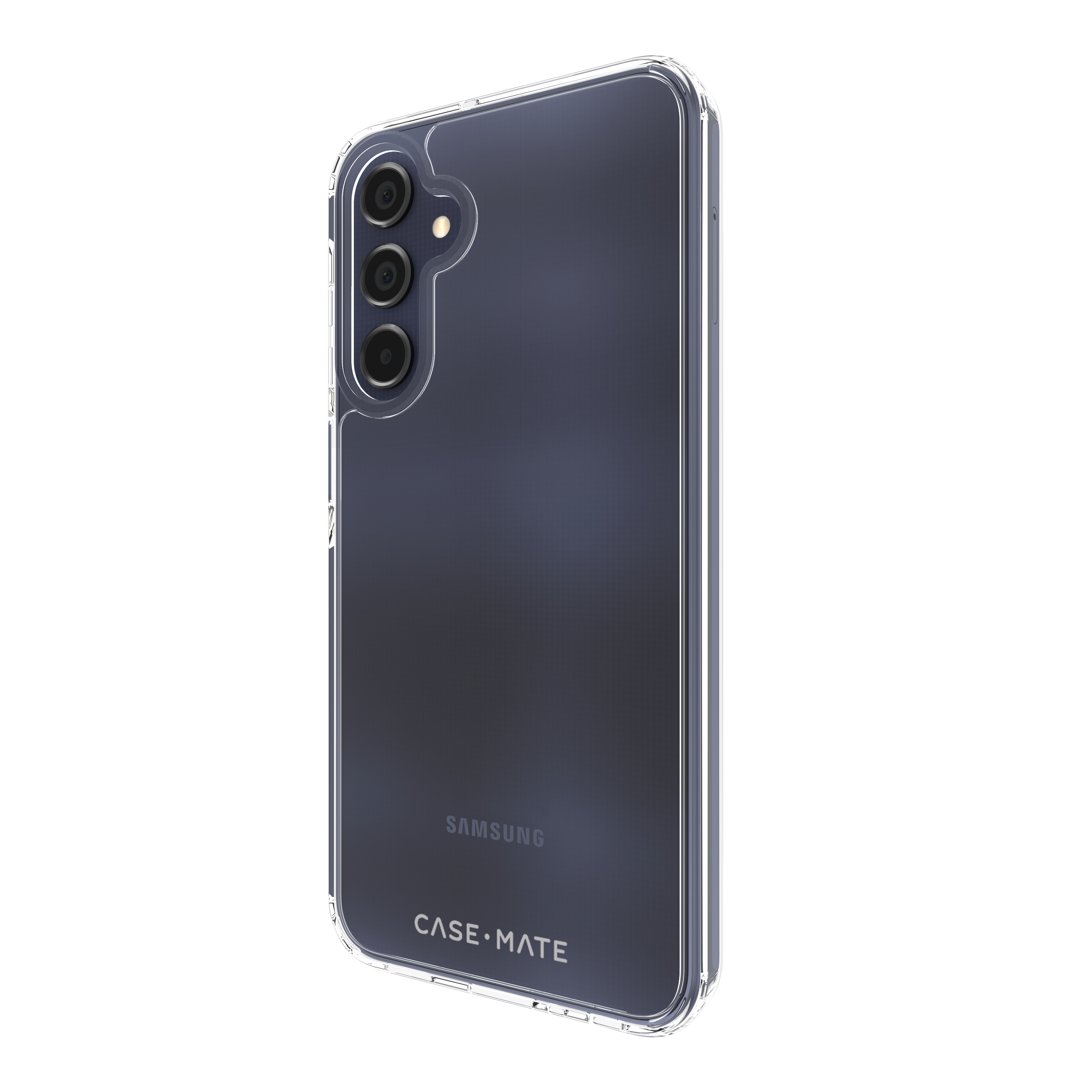 Una custodia trasparente per telefono su sfondo nero. Il logo Samsung è visibile.