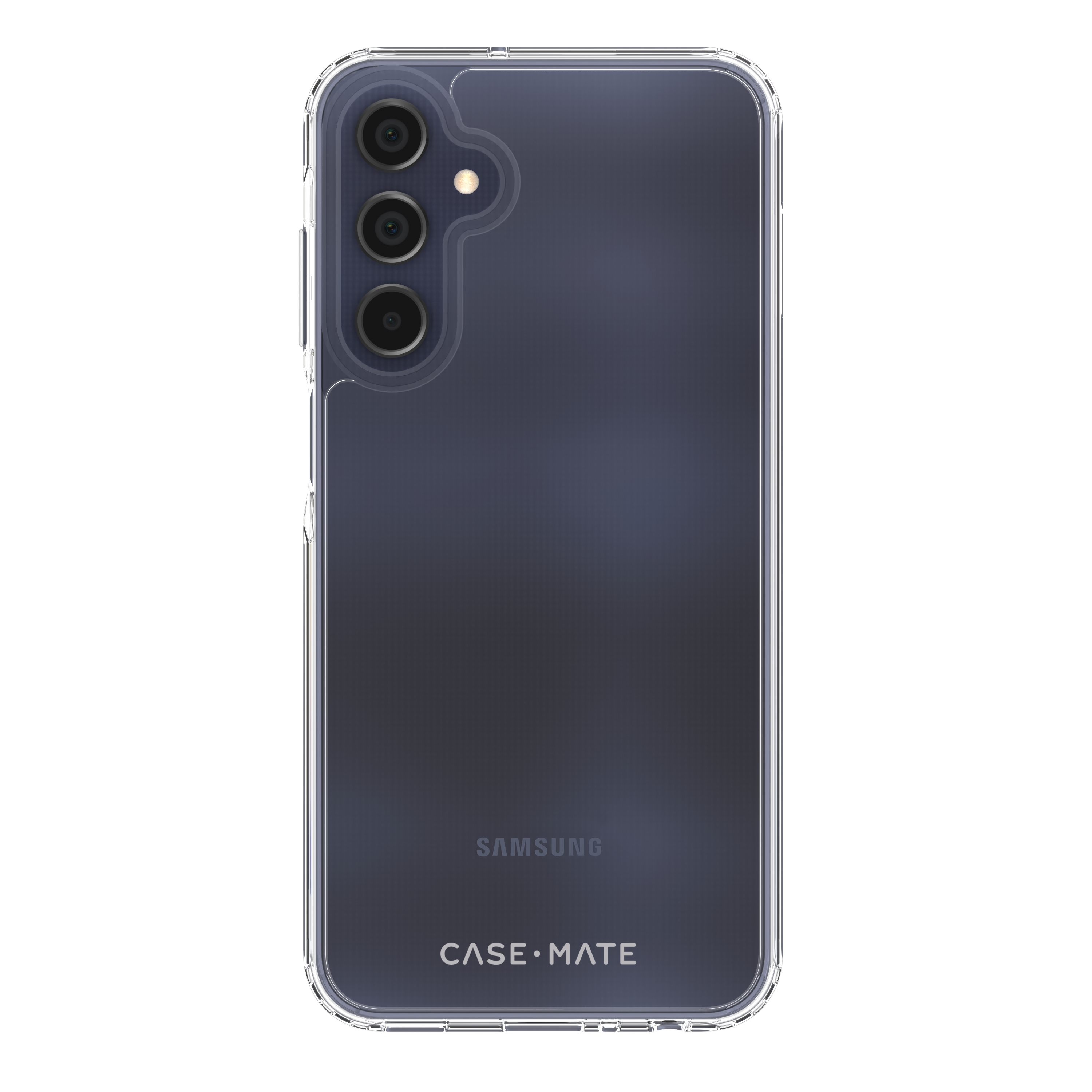 Una custodia trasparente per telefono su un telefono blu scuro, che mostra il logo Samsung.