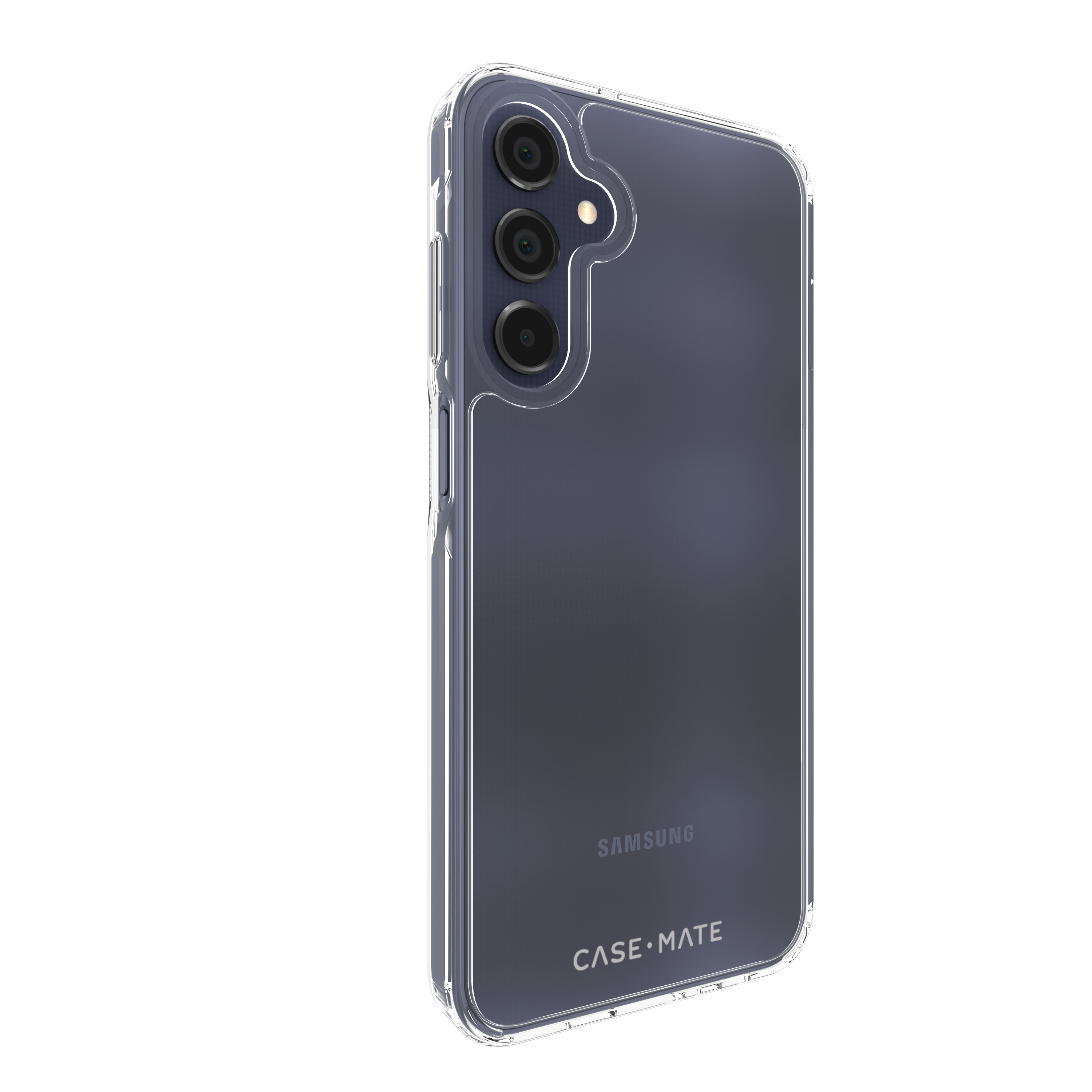 Custodia trasparente per telefono su un telefono nero, con un logo e lenti della fotocamera.