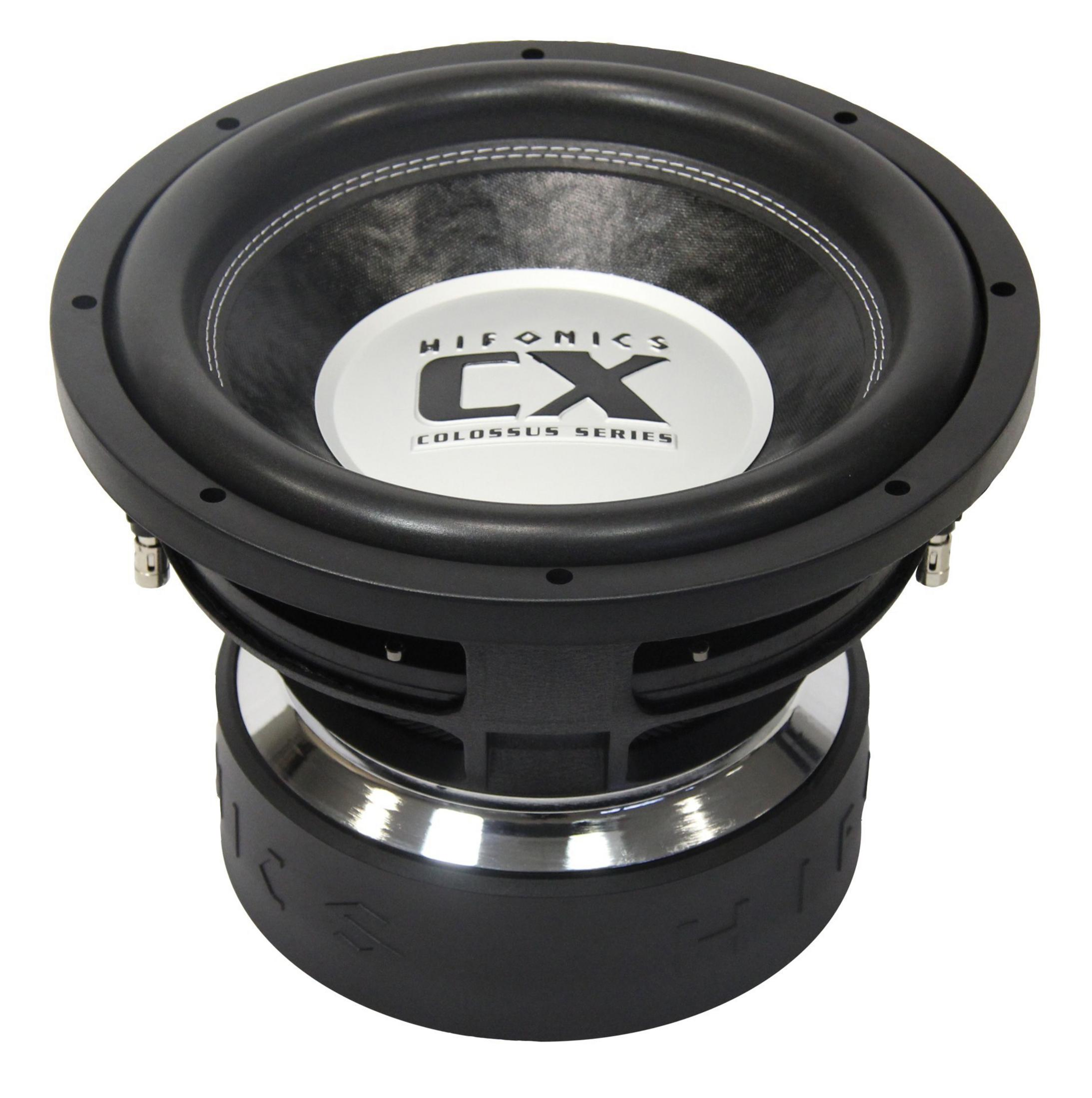 Schwarzer Subwoofer-Lautsprecher mit weißen Akzenten, schräge Ansicht, weißer Hintergrund.