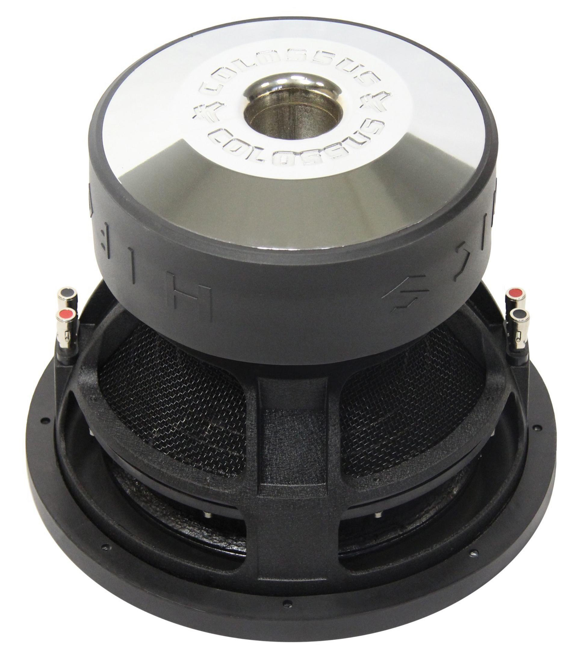 Großer Subwoofer-Lautsprecher. Schwarz und Silber, sichtbare Membran.