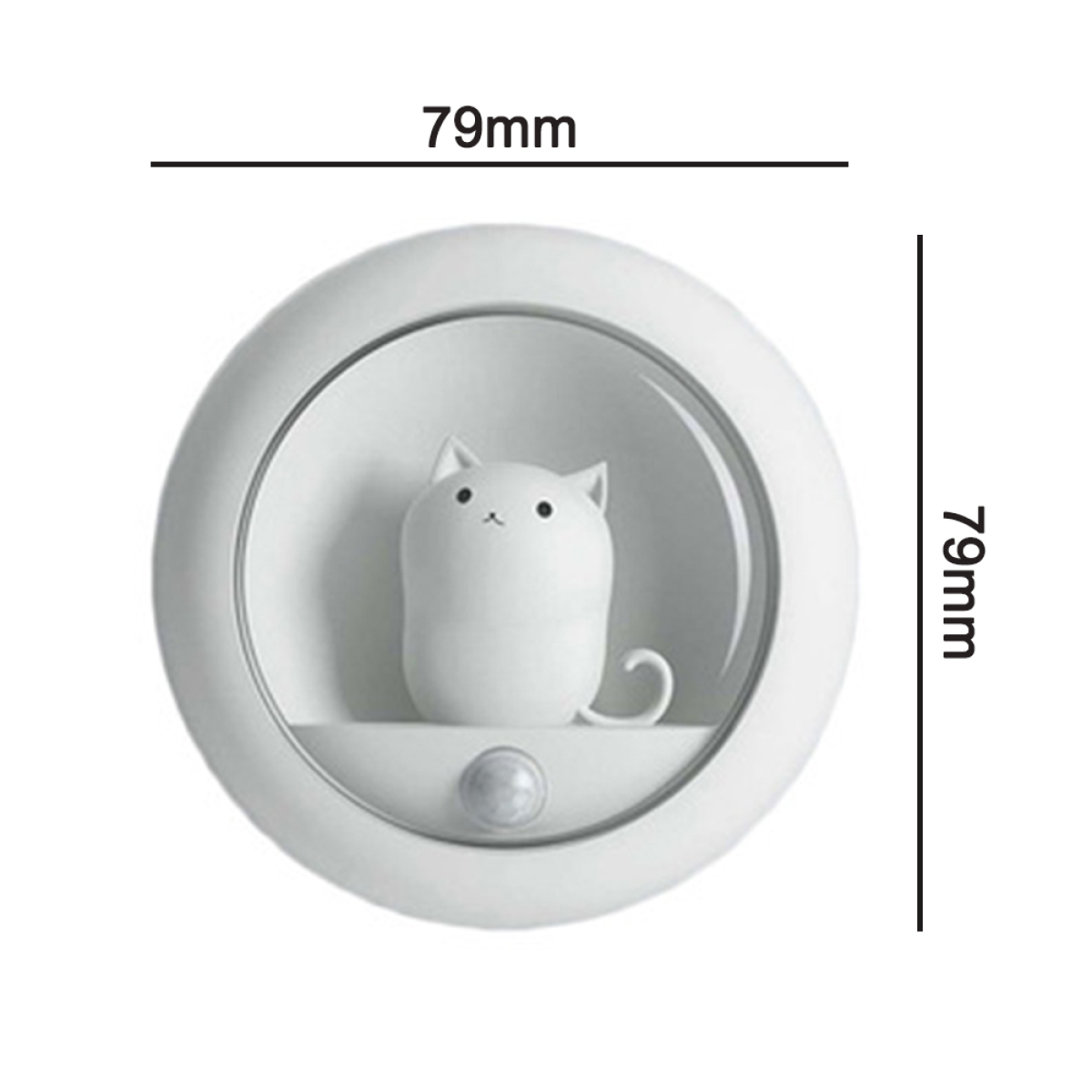 Weißes Katzen-Nachtlicht in einem weißen kreisförmigen Rahmen. Die Abmessungen betragen 79 mm x 79 mm.