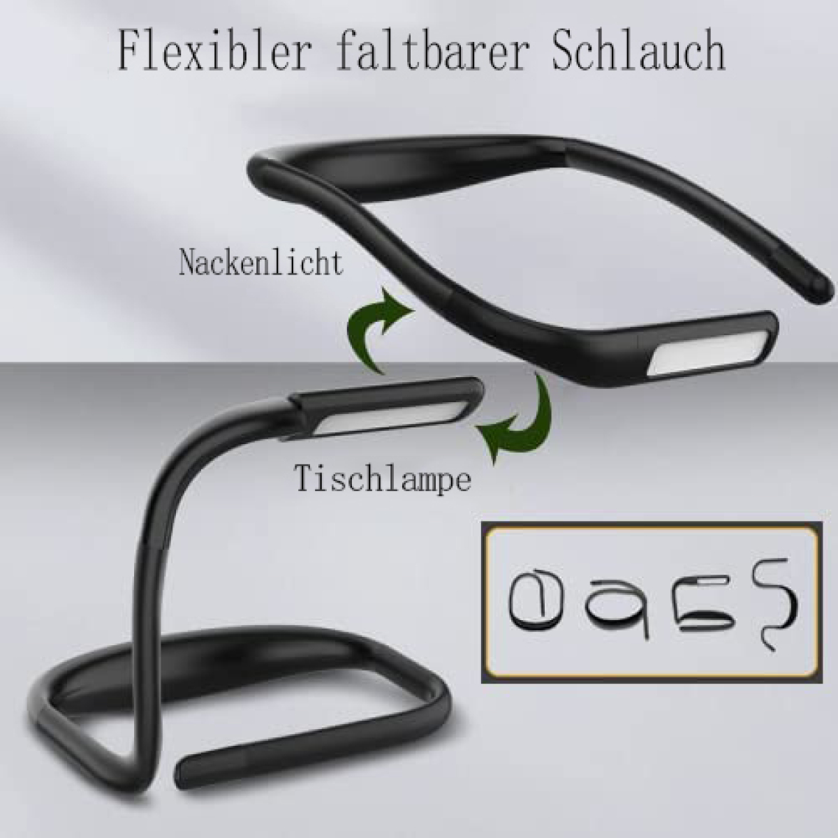 Eine schwarze, biegsame Nackenleuchte wird gezeigt. Sie kann als Nackenlicht und als Schreibtischlampe verwendet werden. Text: Flexibler, faltbarer Schlauch.