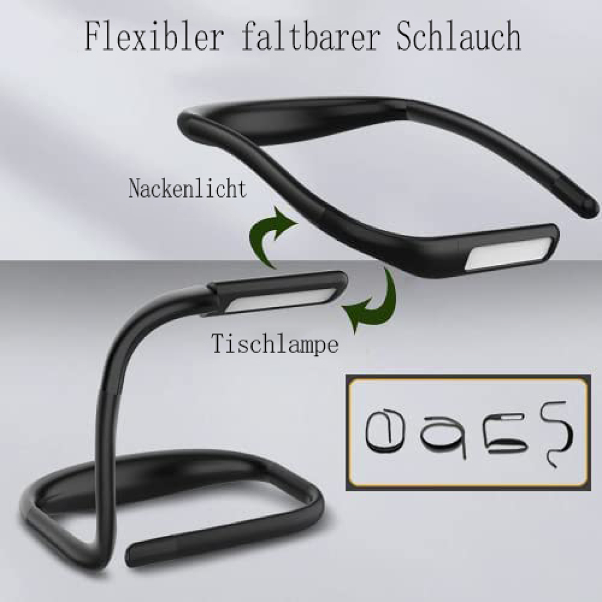 Schwarzes Nackenlicht, das sich in eine Schreibtischlampe verwandelt, mit flexibler Falte.
