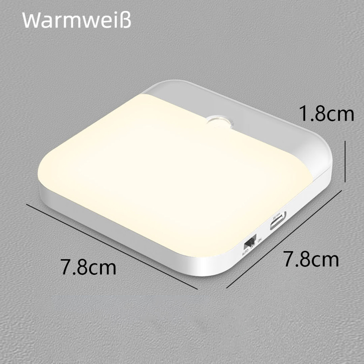Kleines, rechteckiges LED-Licht, 7,8 x 7,8 x 1,8 cm. Weißes Licht auf weißer Oberfläche.