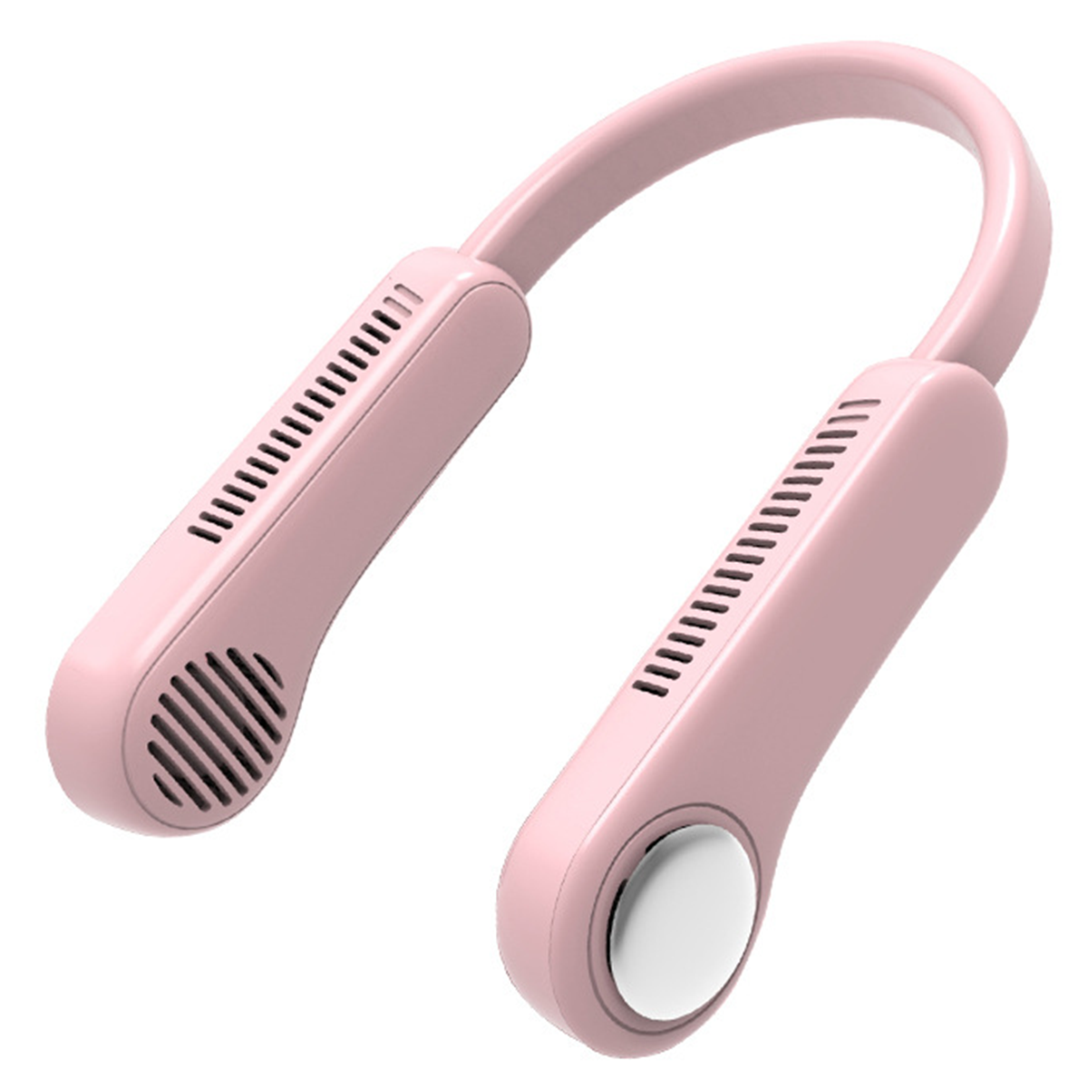 Ein rosa Nackenventilator mit weißem Knopf und Belüftungsöffnungen auf jeder Seite.