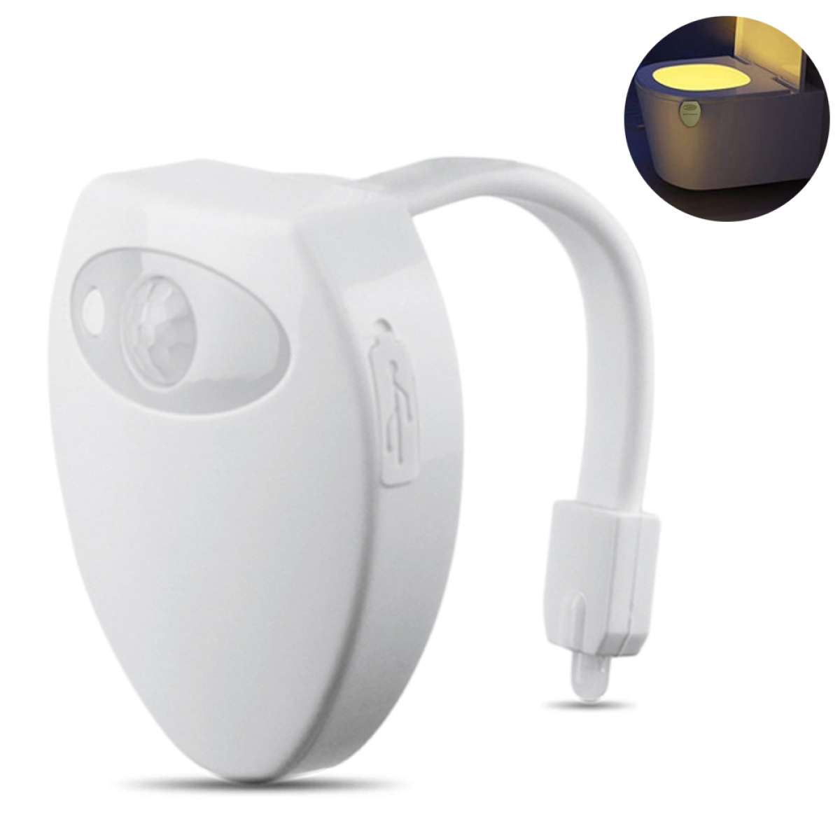 Weißes Toiletten-Nachtlicht mit Sensor und USB-Anschluss, mit leuchtender Toilettenschüssel in der Ecke.