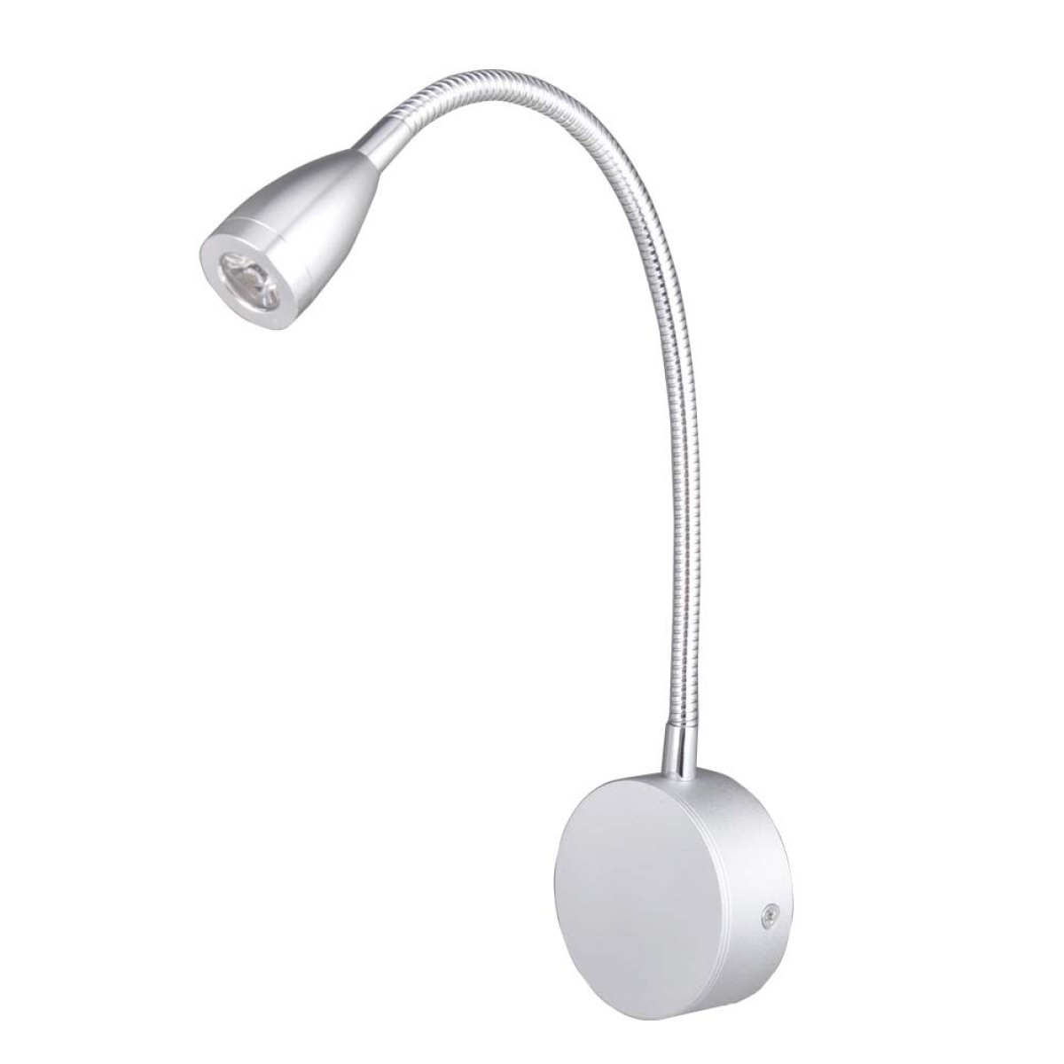 Silberne Wandleuchte mit flexiblem Hals. Sie hat einen runden Sockel und ein LED-Licht.
