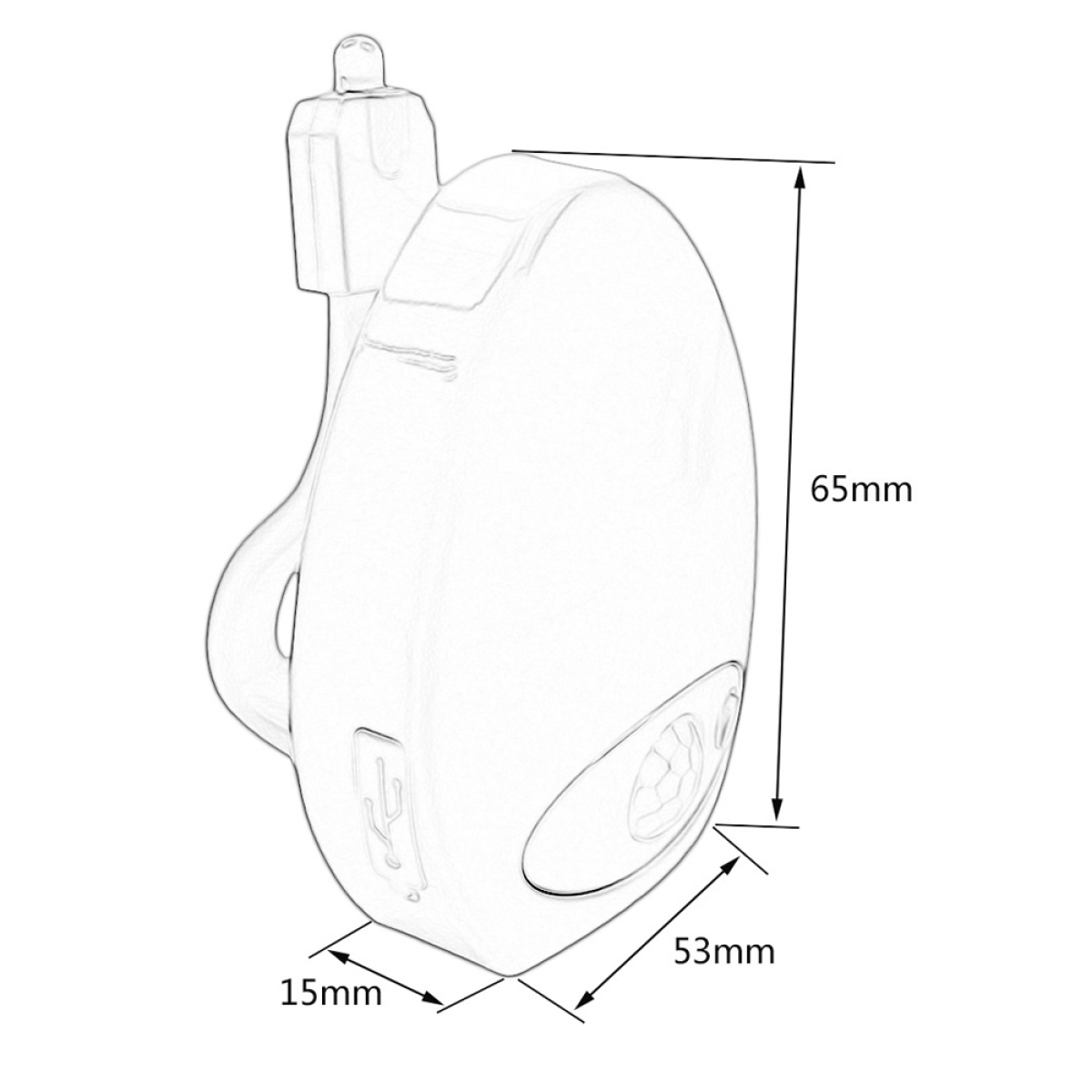 Strichzeichnung eines kleinen, oval geformten Geräts mit Abmessungen.