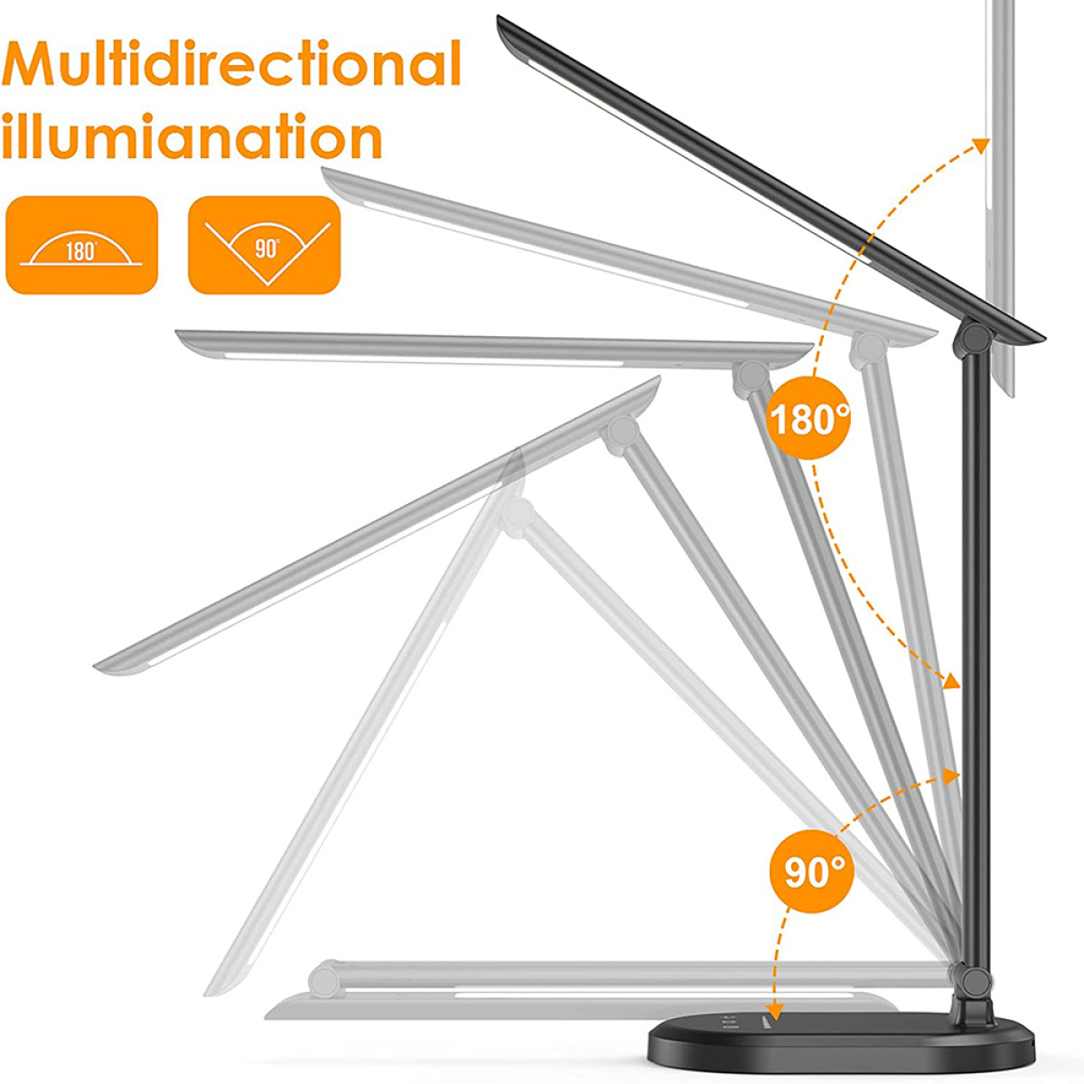 Eine schwarze Schreibtischlampe mit multidirektionaler Beleuchtung, die 180- und 90-Grad-Winkel zeigt.