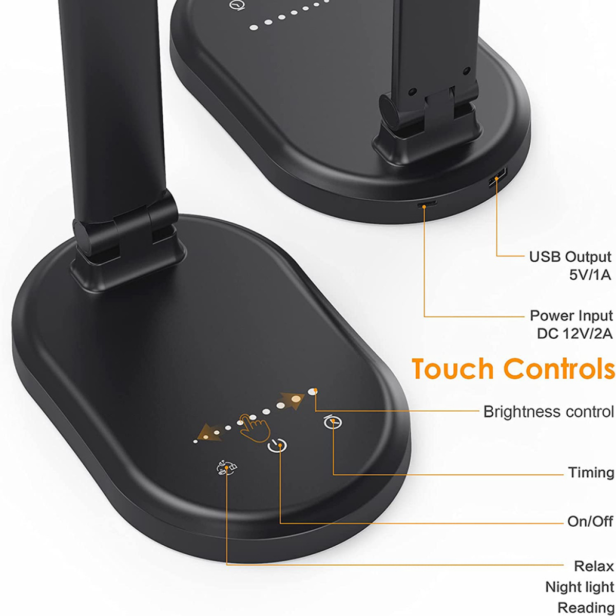 Schwarze Schreibtischlampe mit USB und Touch-Bedienelementen. Steuerung: Helligkeit, Timing, Ein/Aus und Nachtlicht/Lesen.