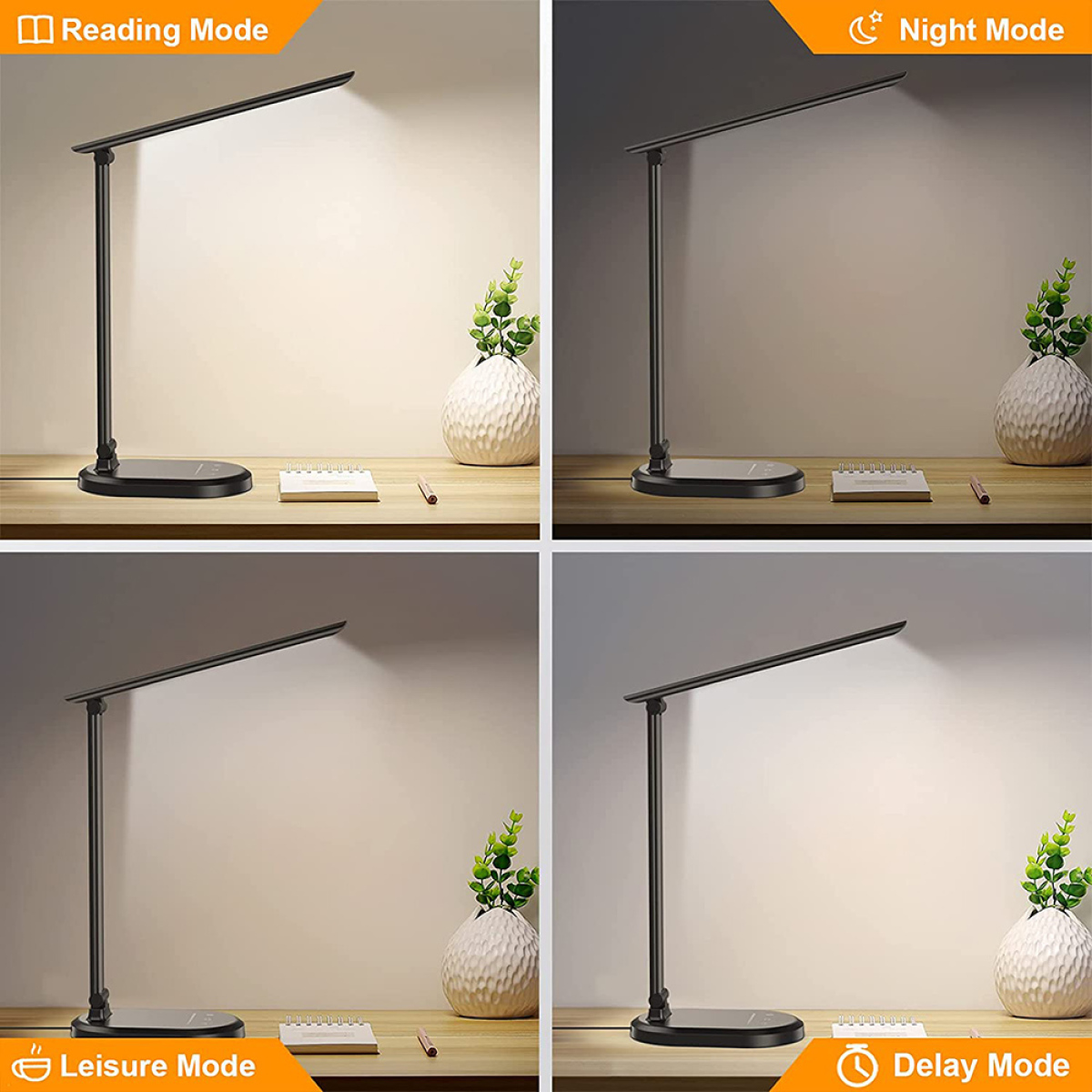 Schreibtischlampe mit verschiedenen Modi: Lesen, Nacht, Freizeit und Verzögerung. Schwarze Lampe und weiße Vase.