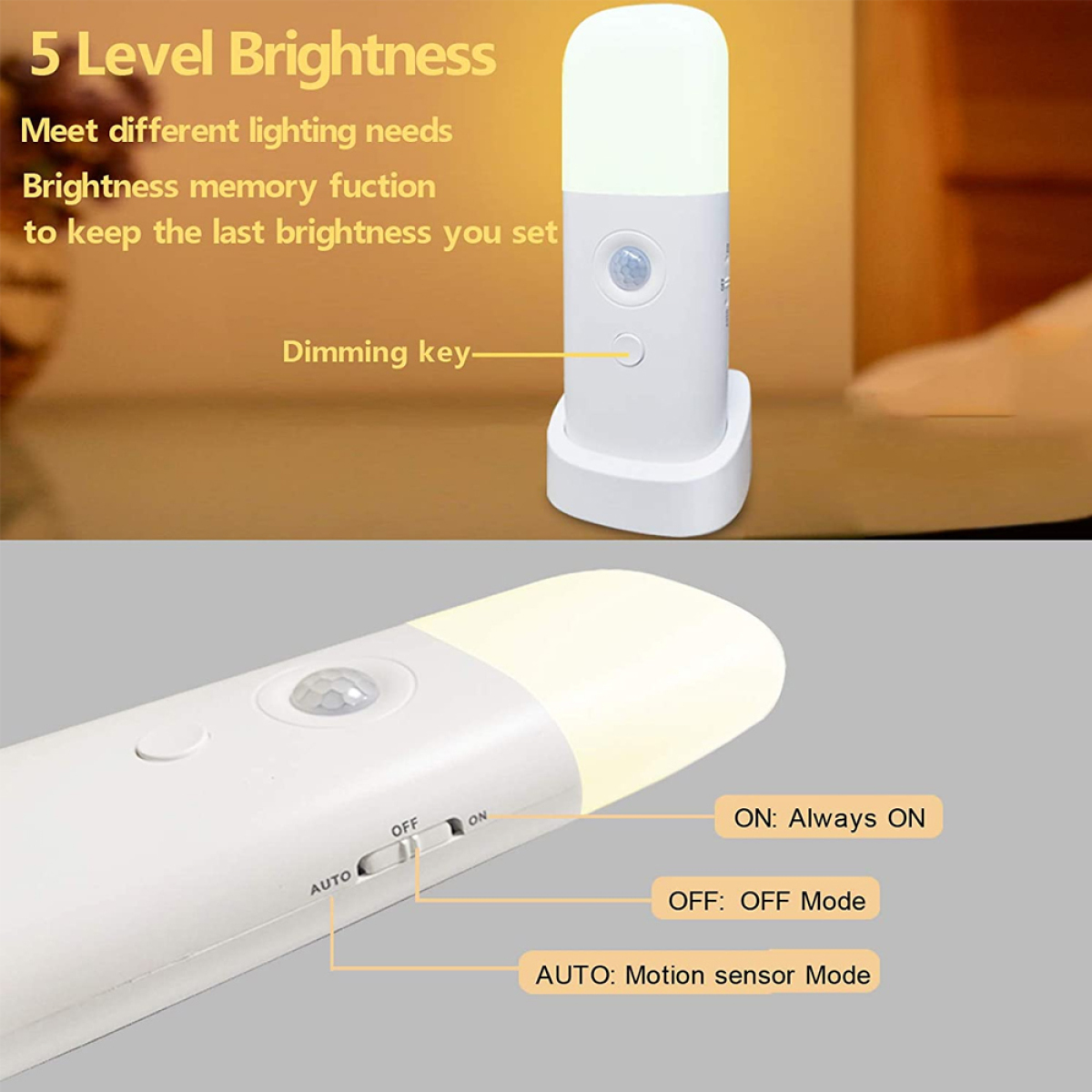 Eine weiße Lampe mit Bewegungssensor und Dimmtaste. Text: 5 Helligkeitsstufen.