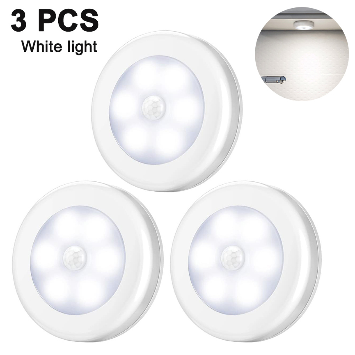Drei weiße, runde 3-LED-Leuchten mit Bewegungssensor. Die Leuchten befinden sich unter einer weißen Oberfläche.