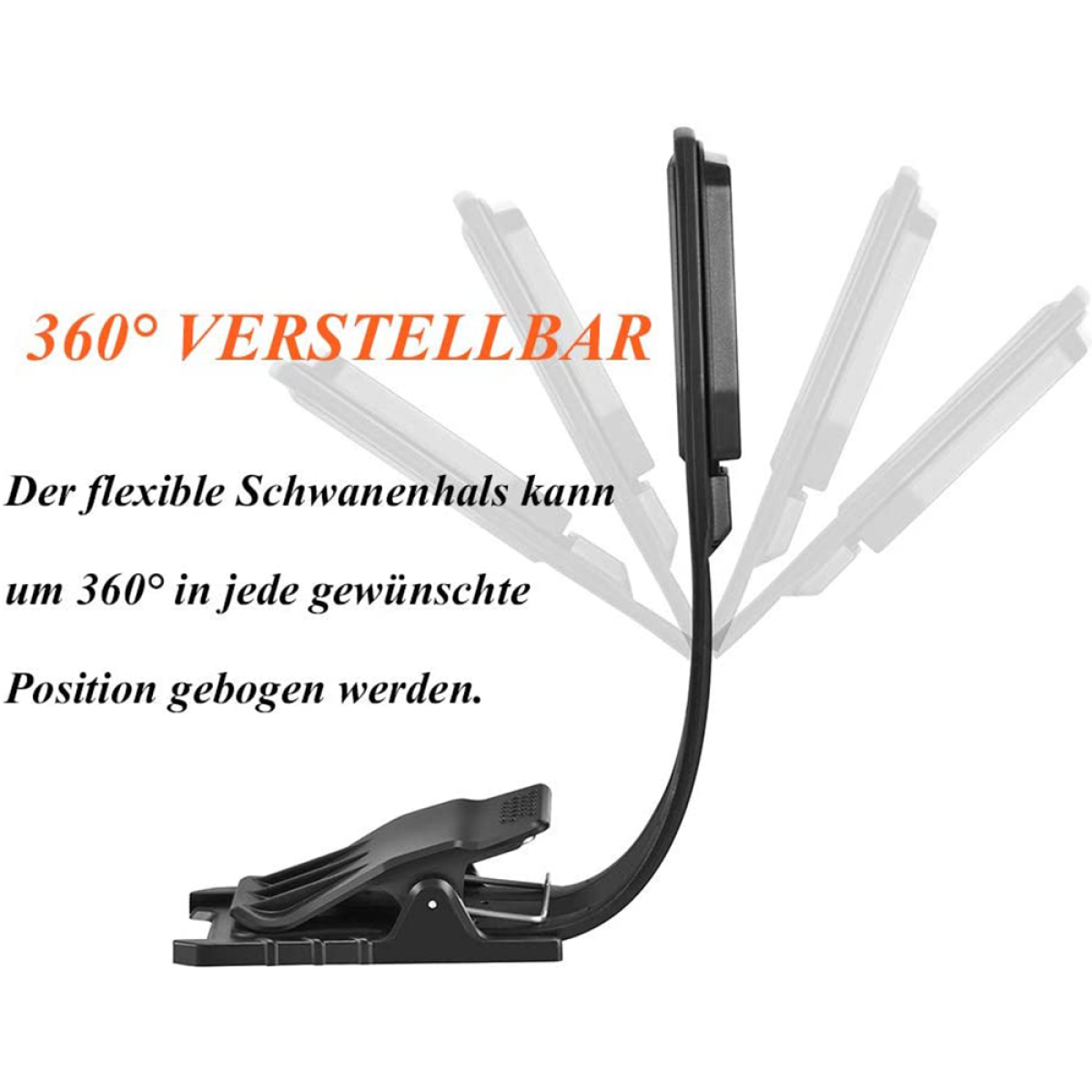 Flexibles schwarzes Nackenlicht, gebogen, um die Verstellbarkeit zu zeigen. Text: 360° VERSTELLBAR.