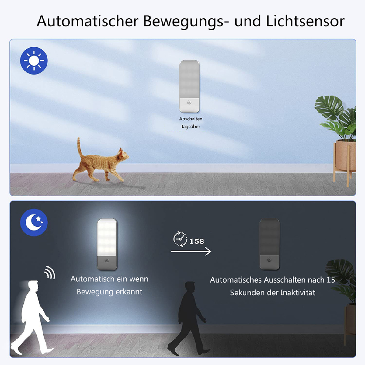 Wandleuchte mit Bewegungs- und Lichtsensor. Zeigt Katze und Person. Text: Automatisches Einschalten bei Bewegungserkennung.