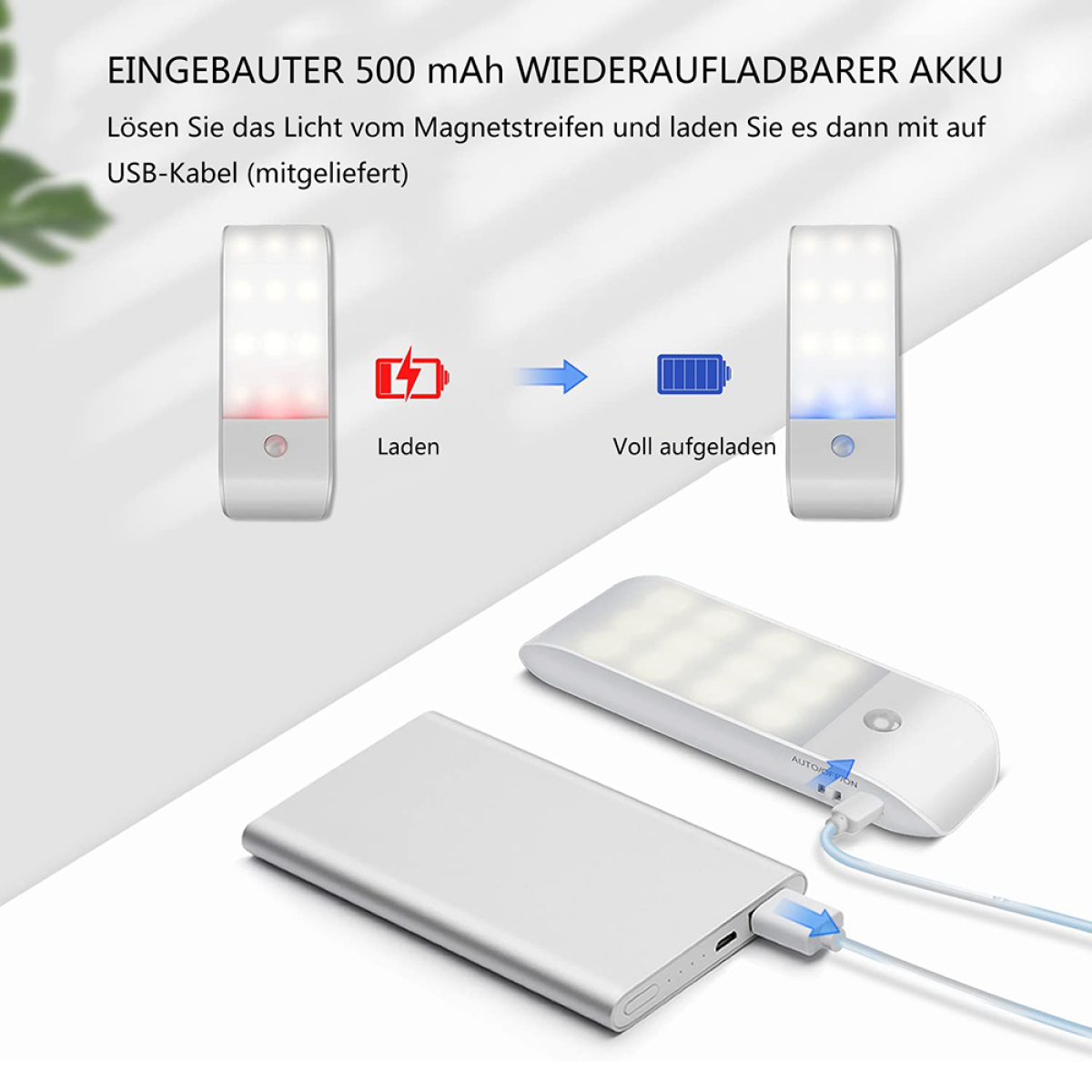 Ein weißes Licht wird über ein USB-Kabel von einer Powerbank aufgeladen.