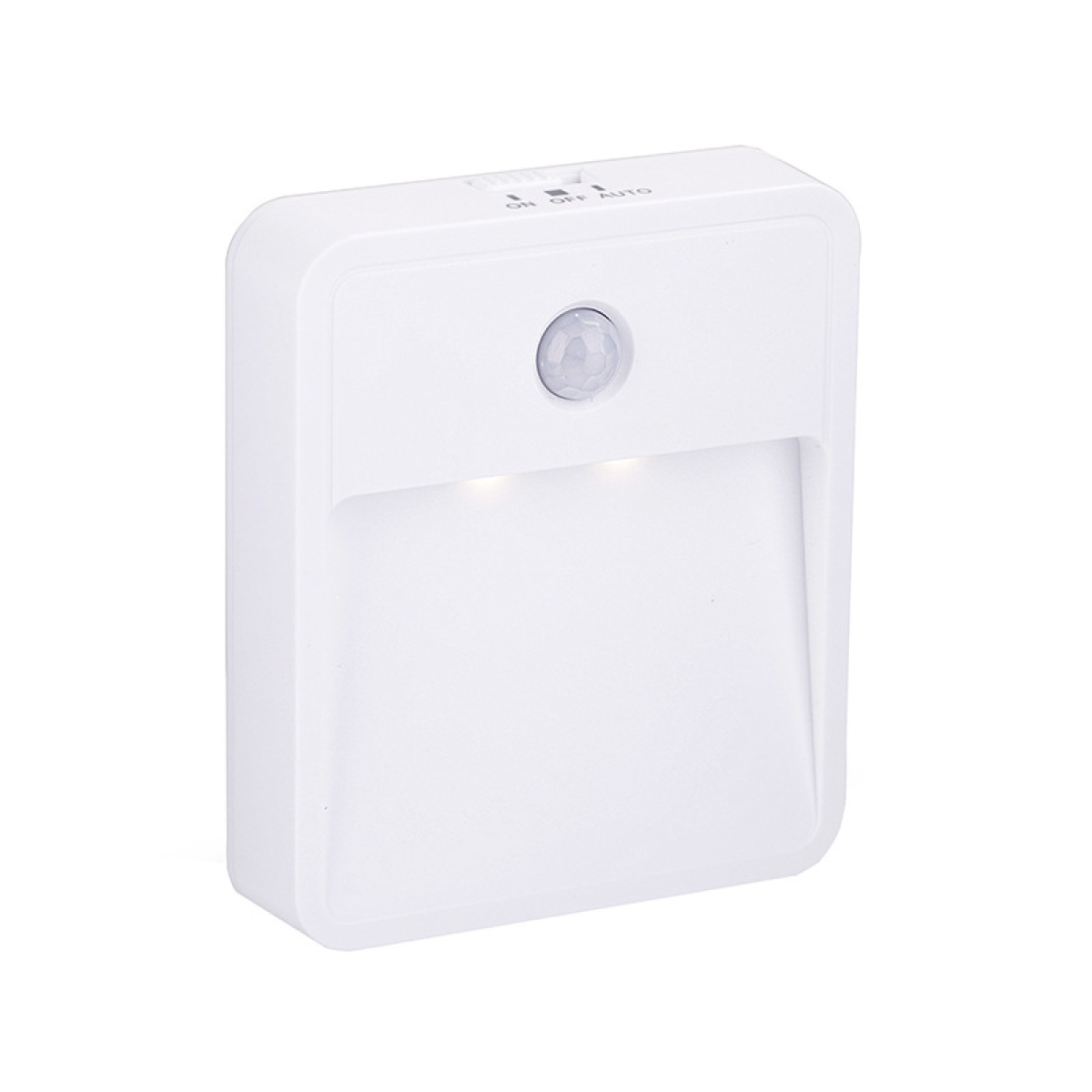 Weißes Nachtlicht. Hat einen Ein/Aus/Auto-Schalter und einen Sensor. Rechteckig mit Lichtaustritt unten.