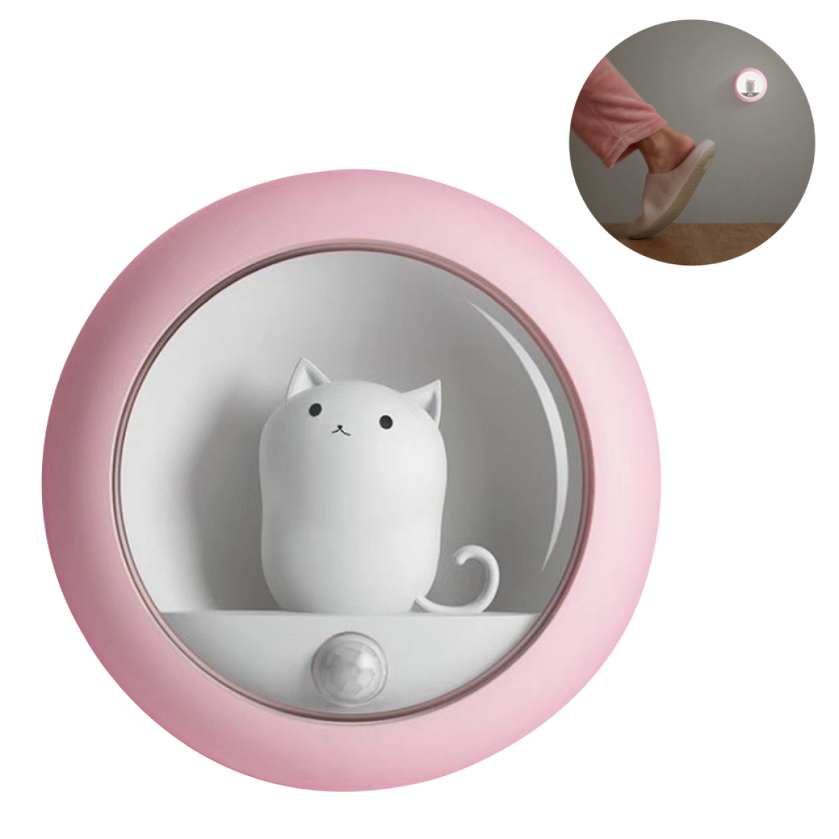 Rosa Katzen-Nachtlicht mit weißer Katzenfigur. Fuß einer Person in der Ecke.