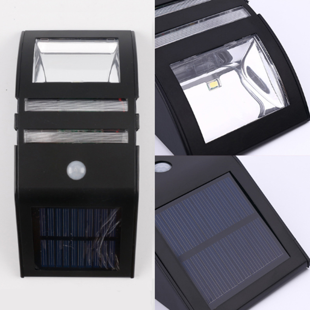 Schwarze Wandleuchte mit Solarpanel, Sensor und zwei Lichtpaneelen.