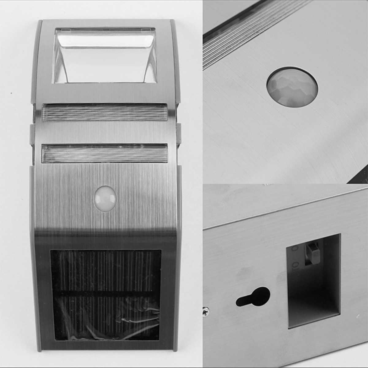 Zwei Ansichten einer silbernen Außenleuchte. Eine zeigt die Vorderseite mit Linse und Solarpanel. Die andere zeigt einen Sensor.
