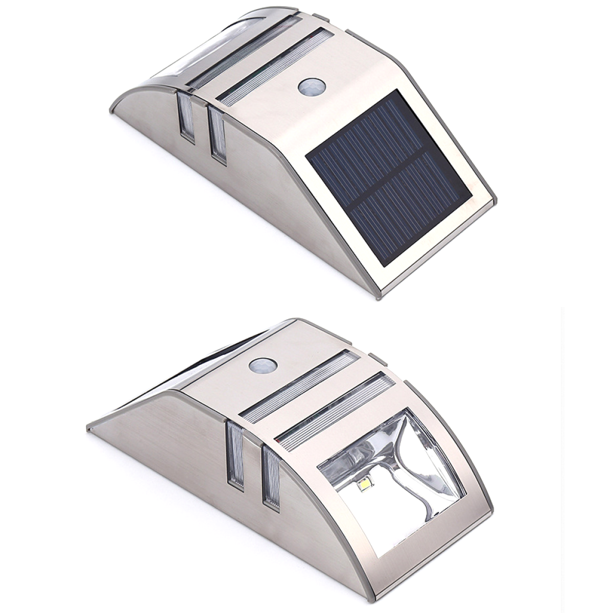 Zwei solarbetriebene Lichter in einem Metallgehäuse. Sie sind silberfarben und haben ein Solarpanel.
