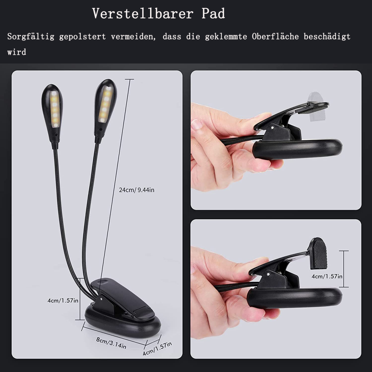 Verstellbares Leselicht mit zwei LEDs. Detaillierte Abmessungen, schwarzer Clip und flexible Hälse.