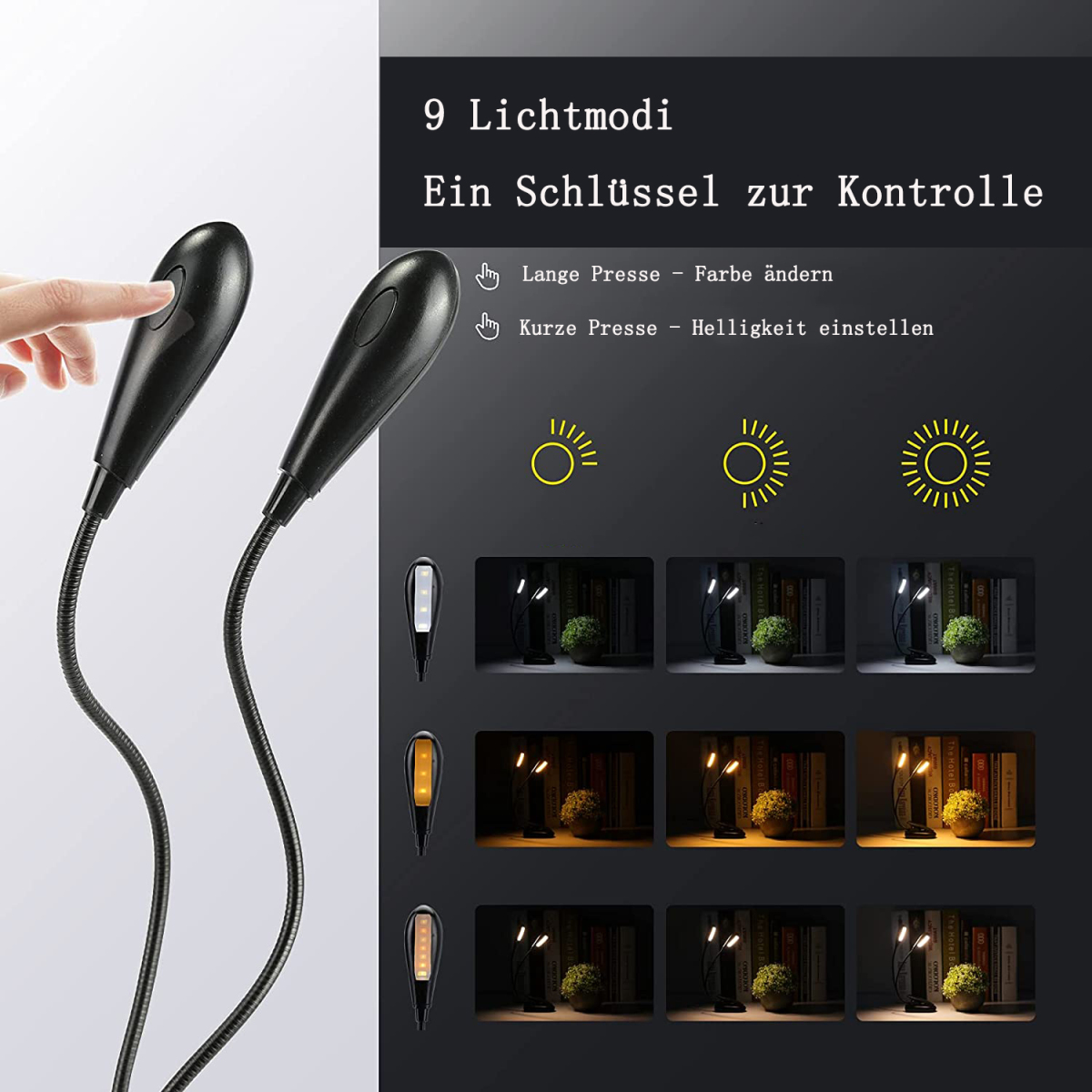 Zwei schwarze Lampen mit mehreren Lichtmodi, eine Hand berührt eine Lampe, und ein Bücherregal im Hintergrund.