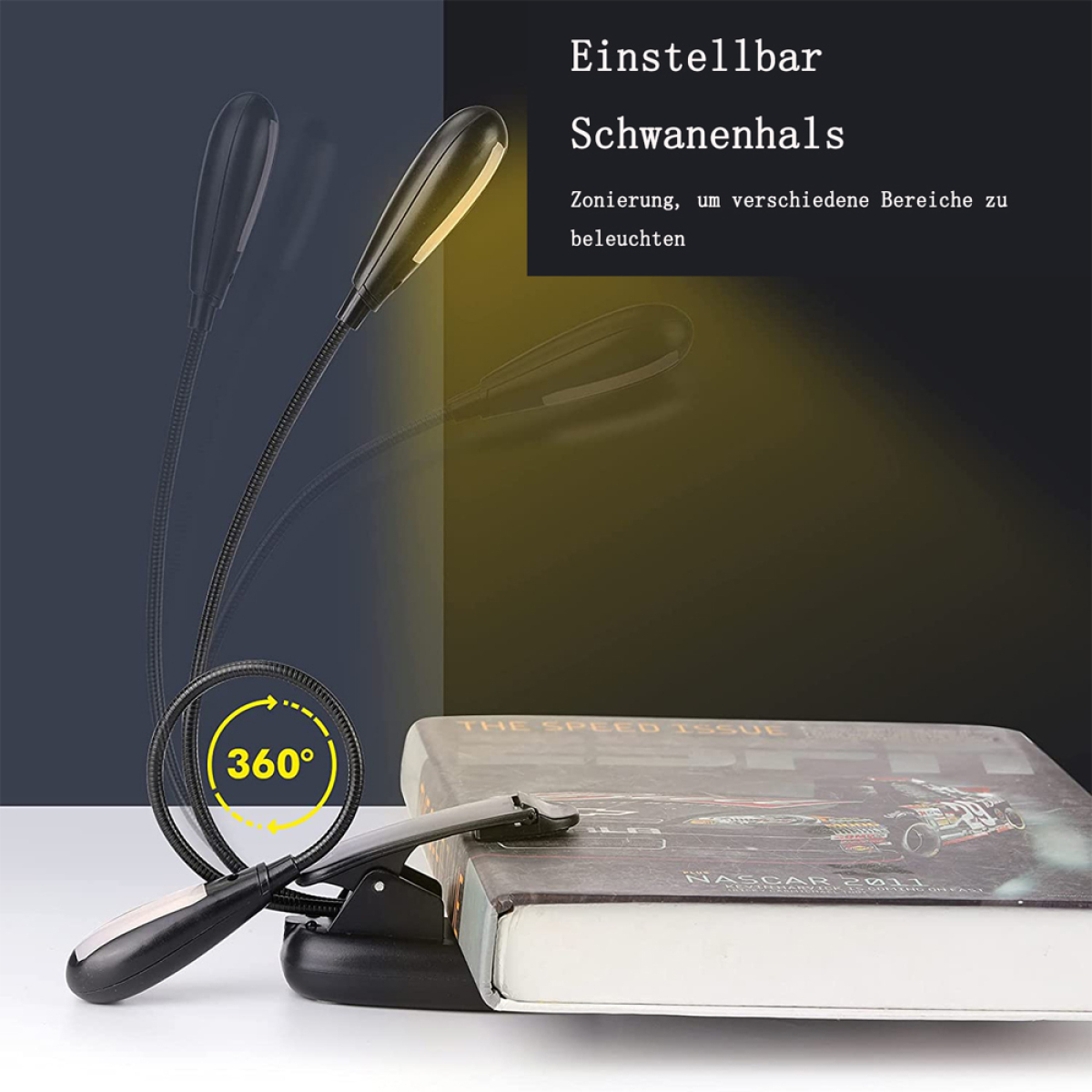 Eine flexible Leselampe. Sie ist schwarz und wird an einem Buch befestigt.