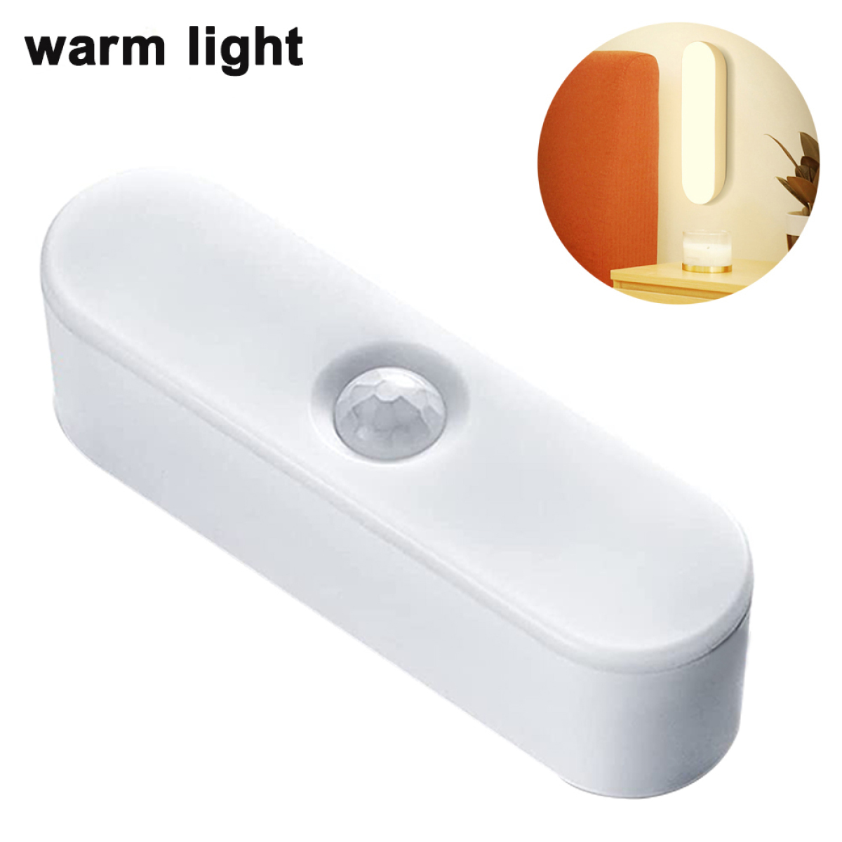 Eine weiße Wandleuchte mit Bewegungssensor, die warmes Licht abgibt. Ein kleiner Lichteinsatz.