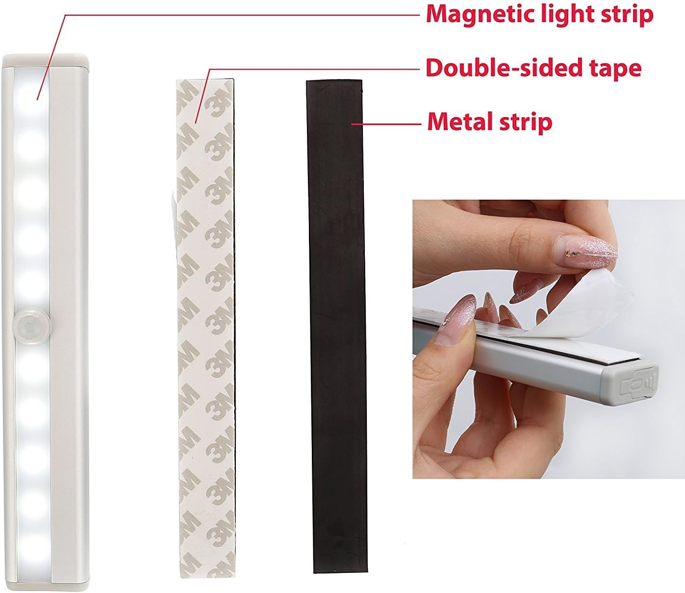 LED-Lichtleiste mit doppelseitigem Klebeband und einem Metallstreifen. Hand zieht das Klebeband ab. Textetiketten.