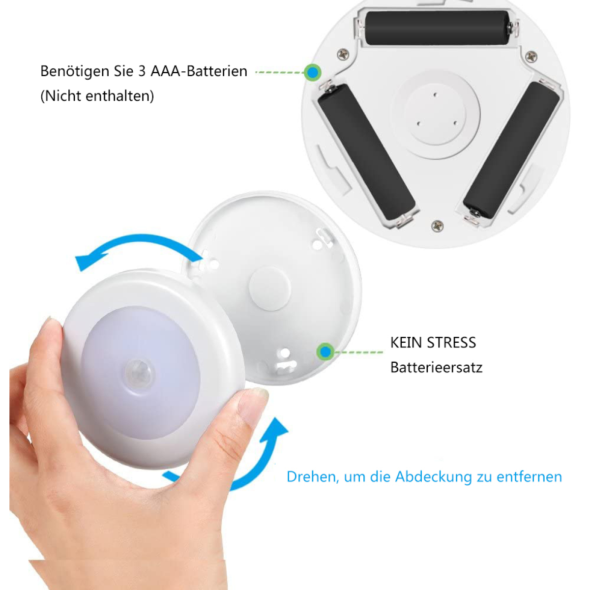 Nachtlicht mit Batterien: kreisförmiges weißes Licht mit blauen Pfeilen zum Öffnen und Entfernen.