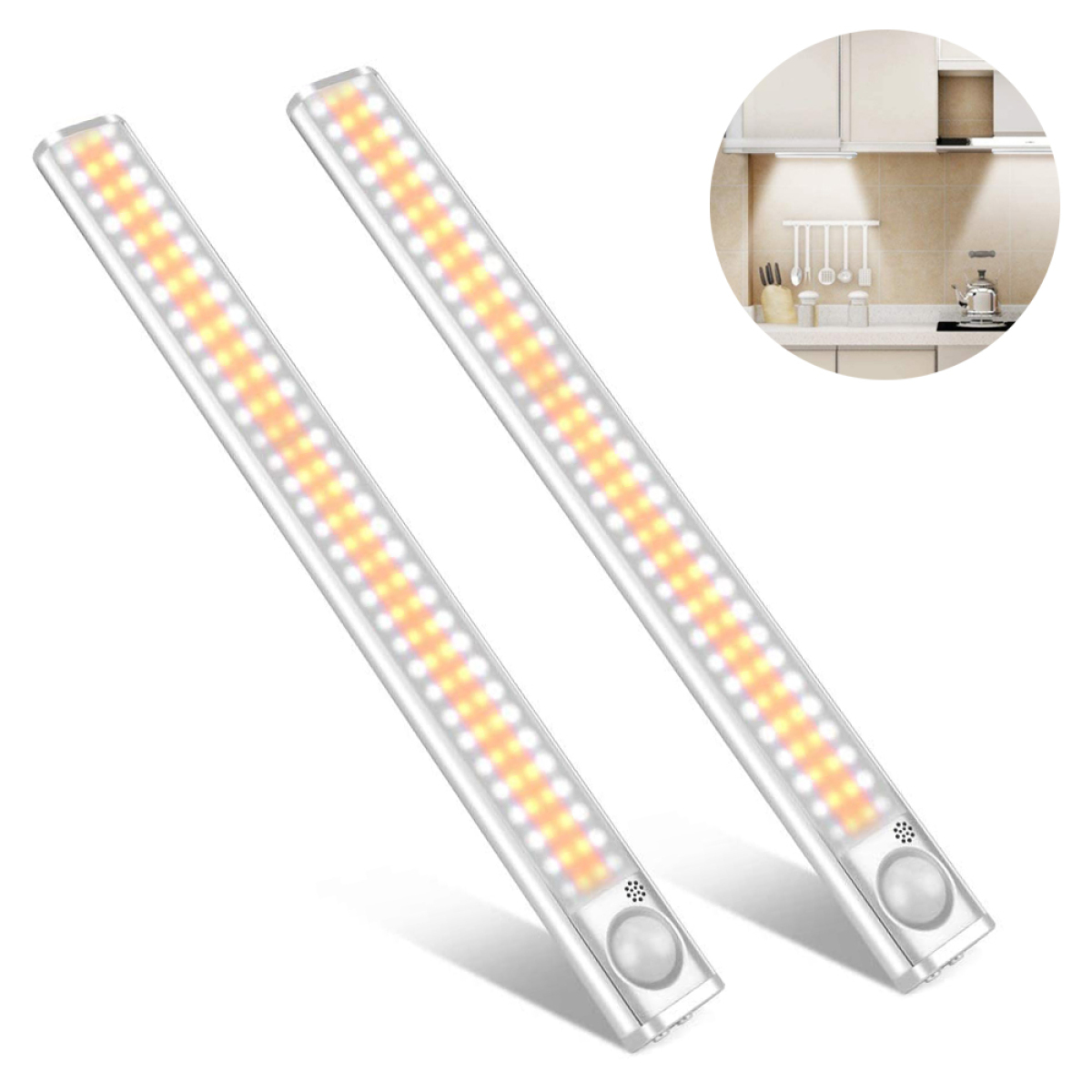 Zwei LED-Lichtleisten nebeneinander, für den Küchengebrauch. Weiße Lichter mit Sensoren am Ende.