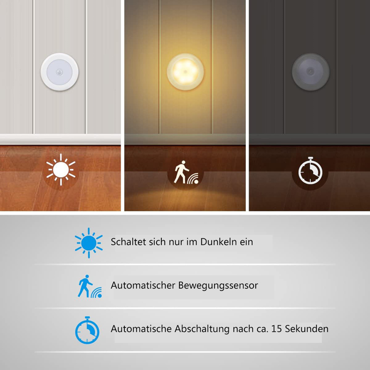 Drei Bilder einer weißen Bewegungssensorleuchte. Zeigt Licht an, aus und mit Timer.