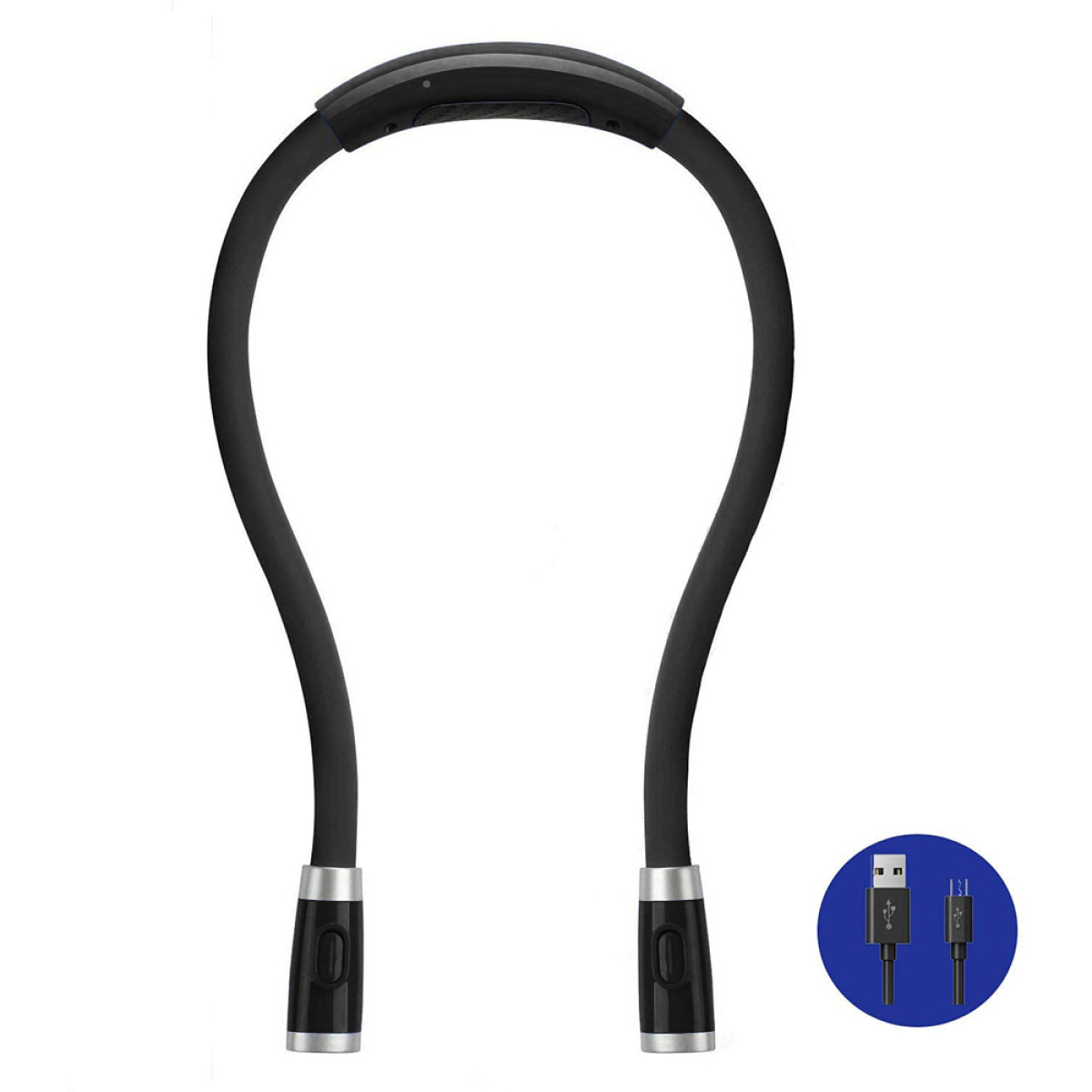 Eine schwarze, flexible Nackenleuchte mit USB-Ladekabel und Ladeanschlussdetail.