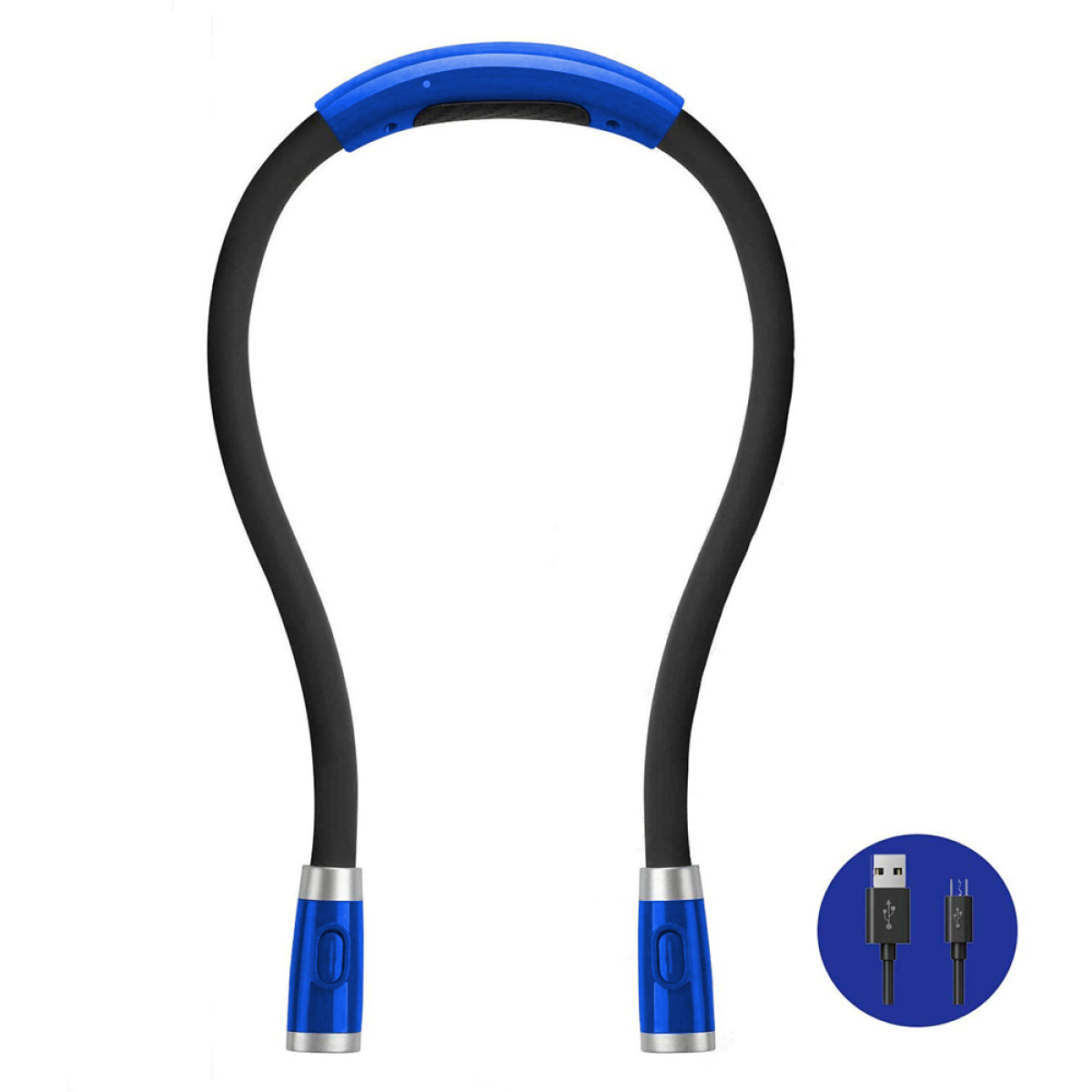 Flexibles Nackenleselicht. Schwarzes Nackenband mit blauen Lichtenden und USB-Kabel.